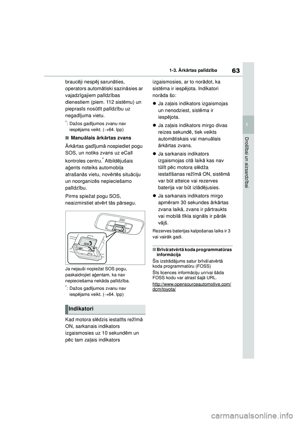 TOYOTA GR YARIS 2020 Lietošanas Instrukcija (in Latvian) 63
1
YARIS(GR) Owners Manual_Europe_M52L09_LV
1-3. Ārk ārtas pal īdz ība
Droš ībai un aizsardz ībai
brauc ēji nesp ēj sarun āties,
operators autom ātiski sazin āsies ar
vajadz īgajiem TOYOTA GR YARIS 2020 Lietošanas Instrukcija (in Latvian) 63
1
YARIS(GR) Owners Manual_Europe_M52L09_LV
1-3. Ārk ārtas pal īdz ība
Droš ībai un aizsardz ībai
brauc ēji nesp ēj sarun āties,
operators autom ātiski sazin āsies ar
vajadz īgajiem