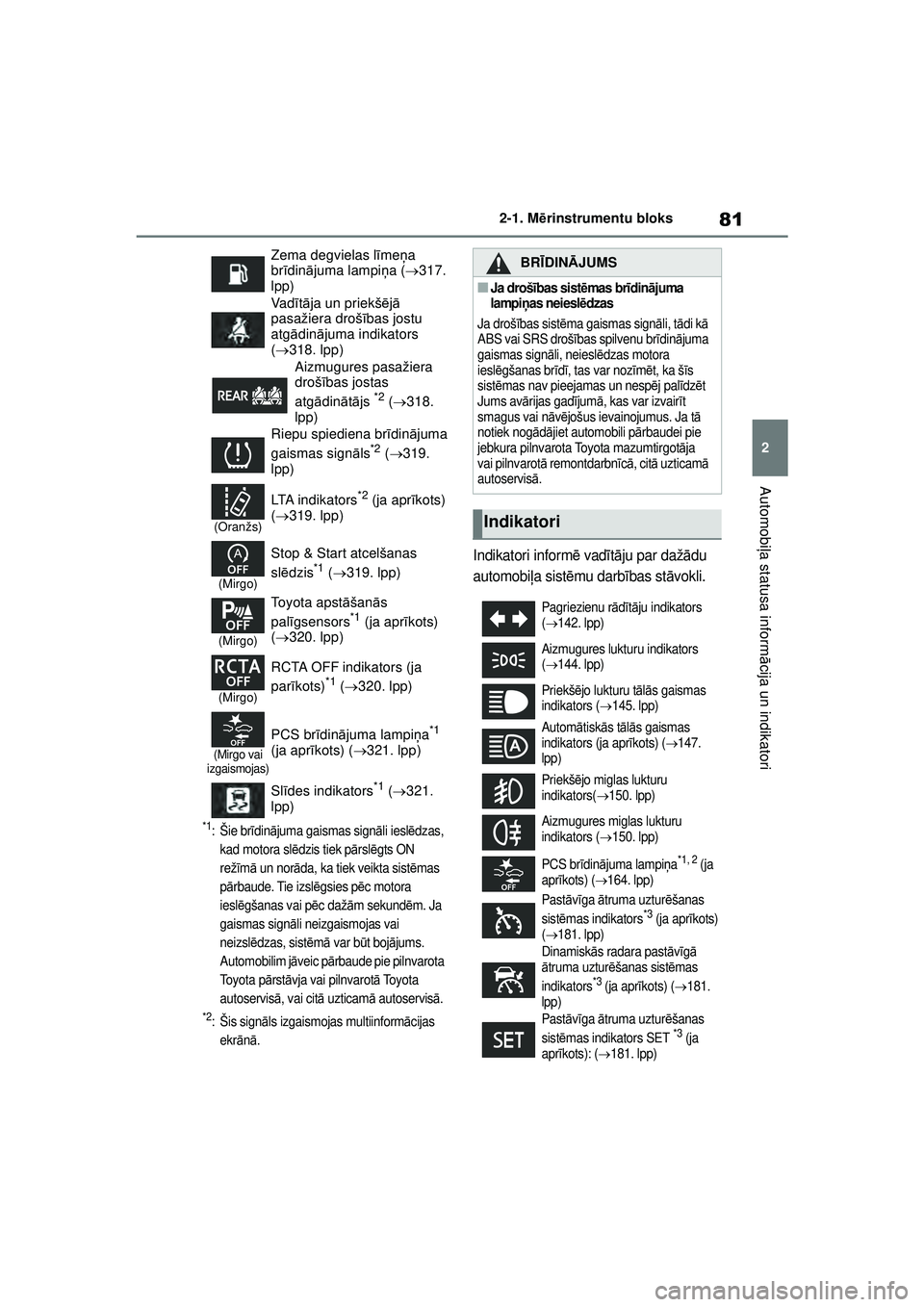 TOYOTA GR YARIS 2020  Lietošanas Instrukcija (in Latvian) 81
2
YARIS(GR) Owners Manual_Europe_M52L09_LV
2-1. Mērinstrumentu bloks
Automobi ļa statusa inform ācija un indikatori
*1:Šie br īdinā juma gaismas sign āli iesl ēdzas, 
kad motora sl ēdzis 