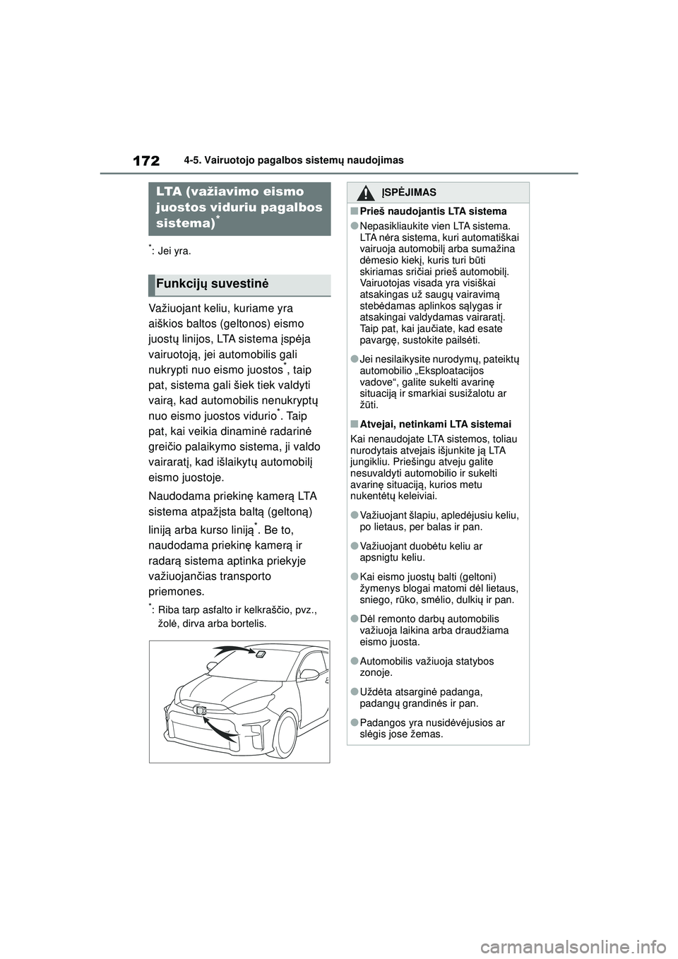 TOYOTA GR YARIS 2020 Eksploatavimo vadovas (in Lithuanian) 172
YARIS(GR) Owners Manual_Europe_M52L09_LT
4-5. Vairuotojo pagalbos sistemų naudojimas
*: Jei yra.
Važiuojant keliu, kuriame yra
aiškios baltos (geltonos) eismo
juost ų linijos, LTA sistema TOYOTA GR YARIS 2020 Eksploatavimo vadovas (in Lithuanian) 172
YARIS(GR) Owners Manual_Europe_M52L09_LT
4-5. Vairuotojo pagalbos sistemų naudojimas
*: Jei yra.
Važiuojant keliu, kuriame yra
aiškios baltos (geltonos) eismo
juost ų linijos, LTA sistema