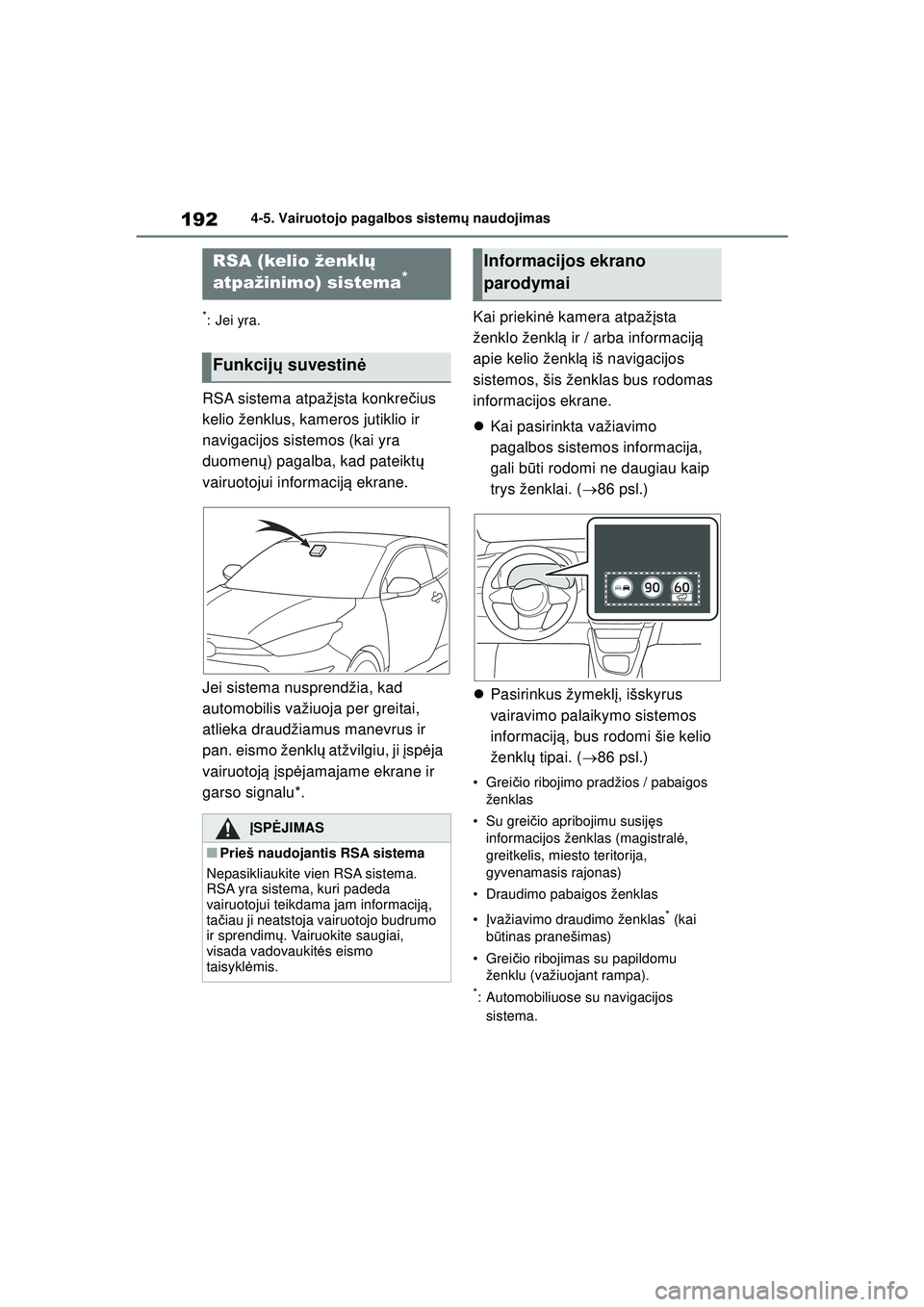 TOYOTA GR YARIS 2020 Eksploatavimo vadovas (in Lithuanian) 192
YARIS(GR) Owners Manual_Europe_M52L09_LT
4-5. Vairuotojo pagalbos sistemų naudojimas
*: Jei yra.
RSA sistema atpaž įsta konkre čius
kelio ženklus, kameros jutiklio ir
navigacijos sistemos TOYOTA GR YARIS 2020 Eksploatavimo vadovas (in Lithuanian) 192
YARIS(GR) Owners Manual_Europe_M52L09_LT
4-5. Vairuotojo pagalbos sistemų naudojimas
*: Jei yra.
RSA sistema atpaž įsta konkre čius
kelio ženklus, kameros jutiklio ir
navigacijos sistemos