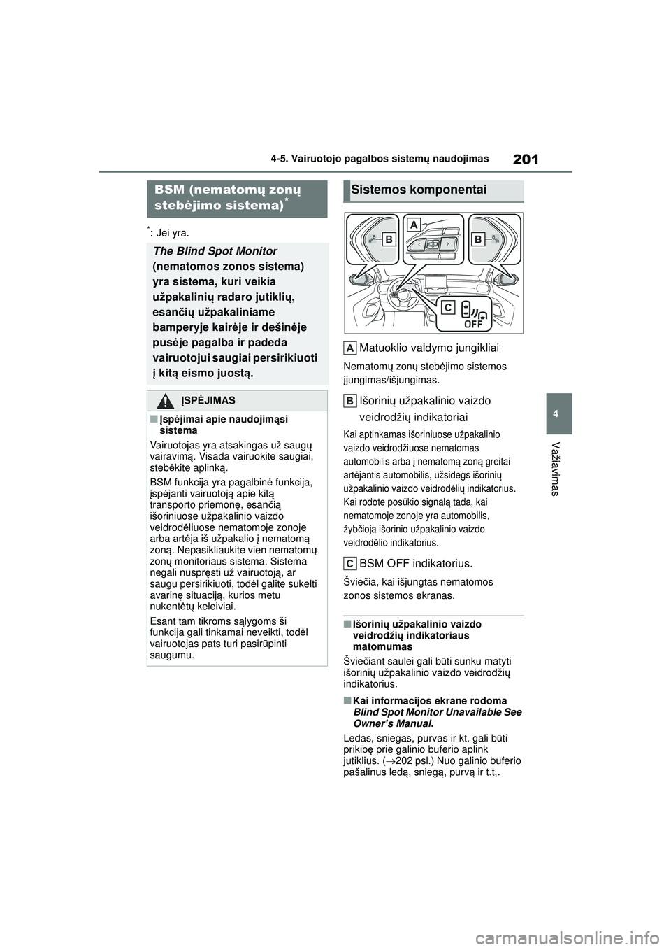 TOYOTA GR YARIS 2020  Eksploatavimo vadovas (in Lithuanian) 201
4
YARIS(GR) Owners Manual_Europe_M52L09_LT
4-5. Vairuotojo pagalbos sistemų naudojimas
Važiavimas
*: Jei yra.
Matuoklio valdymo jungikliai
Nematom ų zon ų steb ėjimo sistemos 
į jungimas/i
