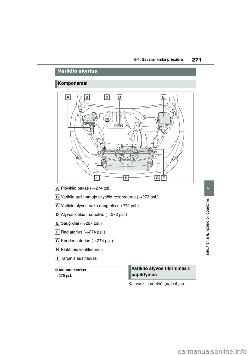 TOYOTA GR YARIS 2020  Eksploatavimo vadovas (in Lithuanian) 271
6
YARIS(GR) Owners Manual_Europe_M52L09_LT
6-4. Savarankiška priežiūra
Automobilio prieži ūra ir valymas
Ploviklio bakas ( 274 psl.)
Variklio aušinamojo skys čio rezervuaras ( 273 ps
