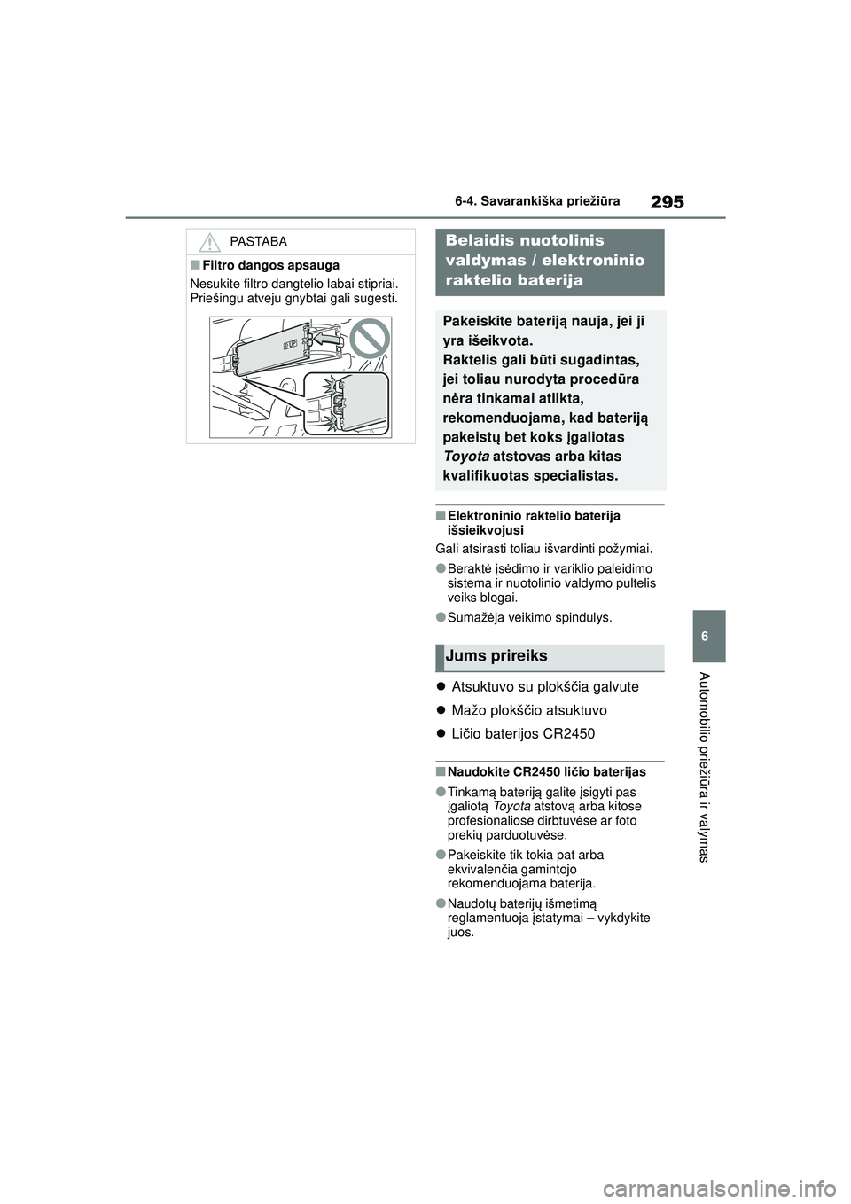 TOYOTA GR YARIS 2020  Eksploatavimo vadovas (in Lithuanian) 295
6
YARIS(GR) Owners Manual_Europe_M52L09_LT
6-4. Savarankiška priežiūra
Automobilio prieži ūra ir valymas
■Elektroninio raktelio baterija 
išsieikvojusi
Gali atsirasti toliau išvardinti p