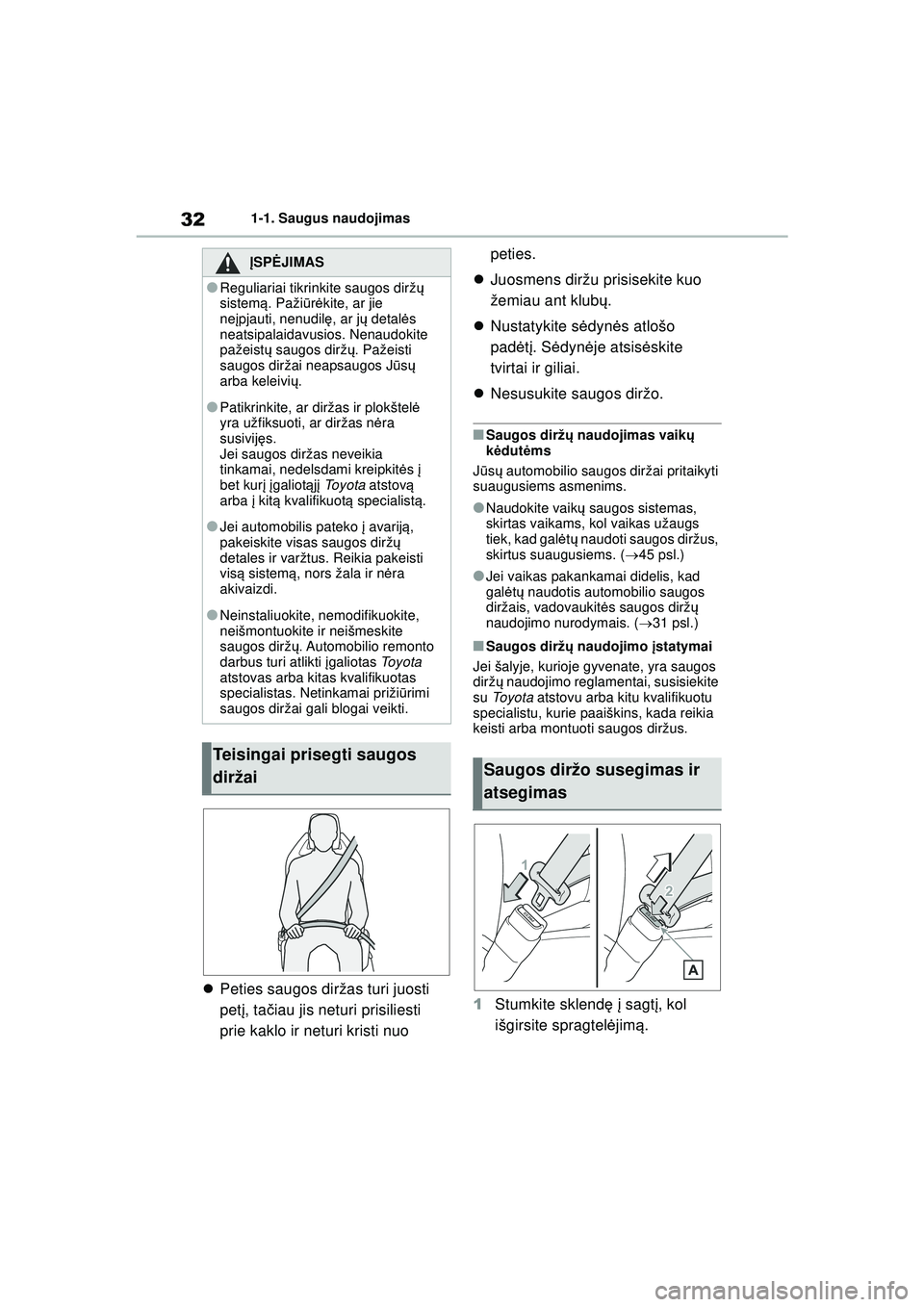 TOYOTA GR YARIS 2020 Eksploatavimo vadovas (in Lithuanian) 32
YARIS(GR) Owners Manual_Europe_M52L09_LT
1-1. Saugus naudojimas
Peties saugos diržas turi juosti
pet į, ta čiau jis neturi prisiliesti
prie kaklo ir neturi kristi nuo peties.
Juosmens TOYOTA GR YARIS 2020 Eksploatavimo vadovas (in Lithuanian) 32
YARIS(GR) Owners Manual_Europe_M52L09_LT
1-1. Saugus naudojimas
Peties saugos diržas turi juosti
pet į, ta čiau jis neturi prisiliesti
prie kaklo ir neturi kristi nuo peties.
Juosmens