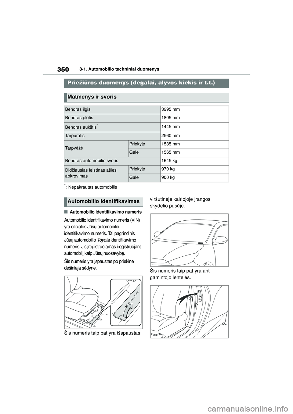 TOYOTA GR YARIS 2020 Eksploatavimo vadovas (in Lithuanian) 350
YARIS(GR) Owners Manual_Europe_M52L09_LT
8-1. Automobilio techniniai duomenys
8 -1 .Autom obili o te chni nia i du ome nys
*: Nepakrautas automobilis
■Automobilio identifikavimo numeris
Automob TOYOTA GR YARIS 2020 Eksploatavimo vadovas (in Lithuanian) 350
YARIS(GR) Owners Manual_Europe_M52L09_LT
8-1. Automobilio techniniai duomenys
8 -1 .Autom obili o te chni nia i du ome nys
*: Nepakrautas automobilis
■Automobilio identifikavimo numeris
Automob