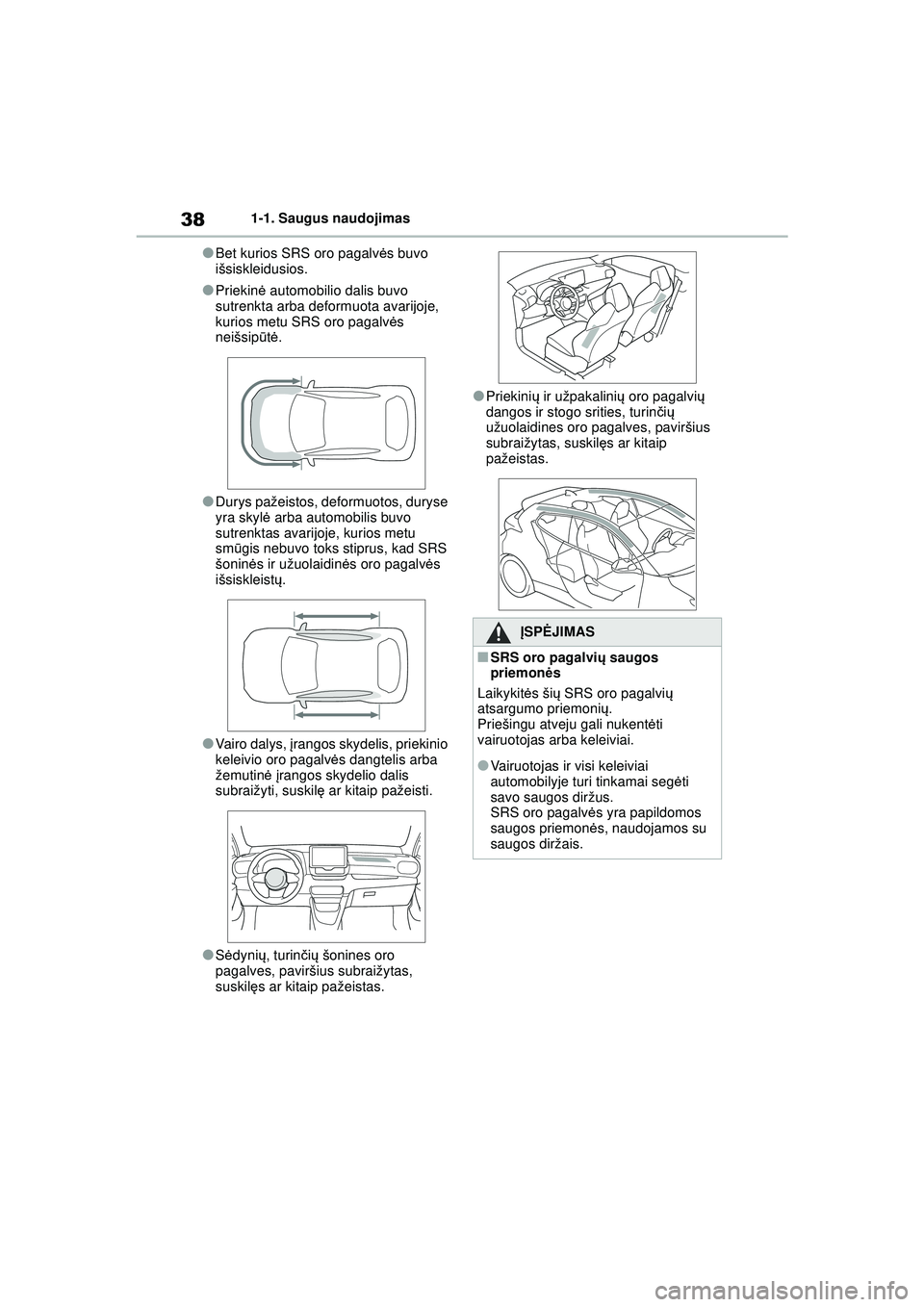 TOYOTA GR YARIS 2020  Eksploatavimo vadovas (in Lithuanian) 38
YARIS(GR) Owners Manual_Europe_M52L09_LT
1-1. Saugus naudojimas
●Bet kurios SRS oro pagalvės buvo 
išsiskleidusios.
●Priekin ė automobilio dalis buvo 
sutrenkta arba deformuota avarijoje, 
