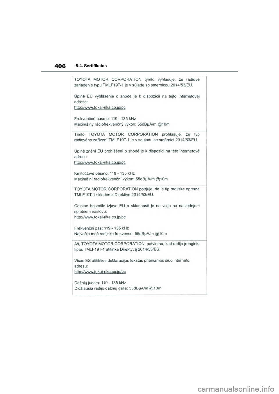 TOYOTA GR YARIS 2020  Eksploatavimo vadovas (in Lithuanian) 406
YARIS(GR) Owners Manual_Europe_M52L09_LT
8-4. Sertifikatas
YARIS_GR_OM_Europe_OM52L09LT.book  Page 406  Sunday, December 20, 2020  4:32 PM 