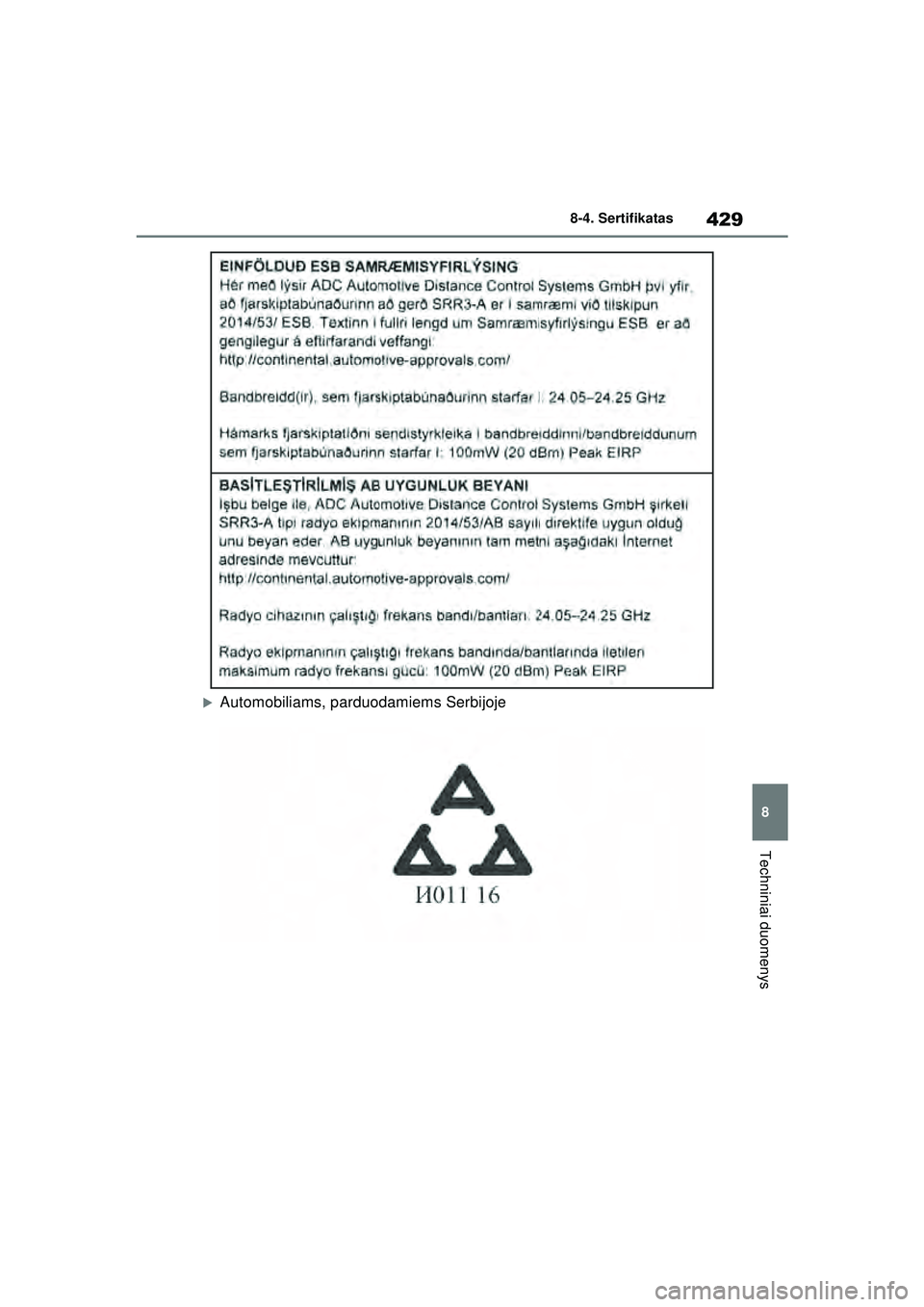TOYOTA GR YARIS 2020  Eksploatavimo vadovas (in Lithuanian) 429
8
YARIS(GR) Owners Manual_Europe_M52L09_LT
8-4. Sertifikatas
Techniniai duomenys
�XAutomobiliams, parduodamiems Serbijoje
YARIS_GR_OM_Europe_OM52L09LT.book  Page 429  Sunday, December 20, 2020  4
