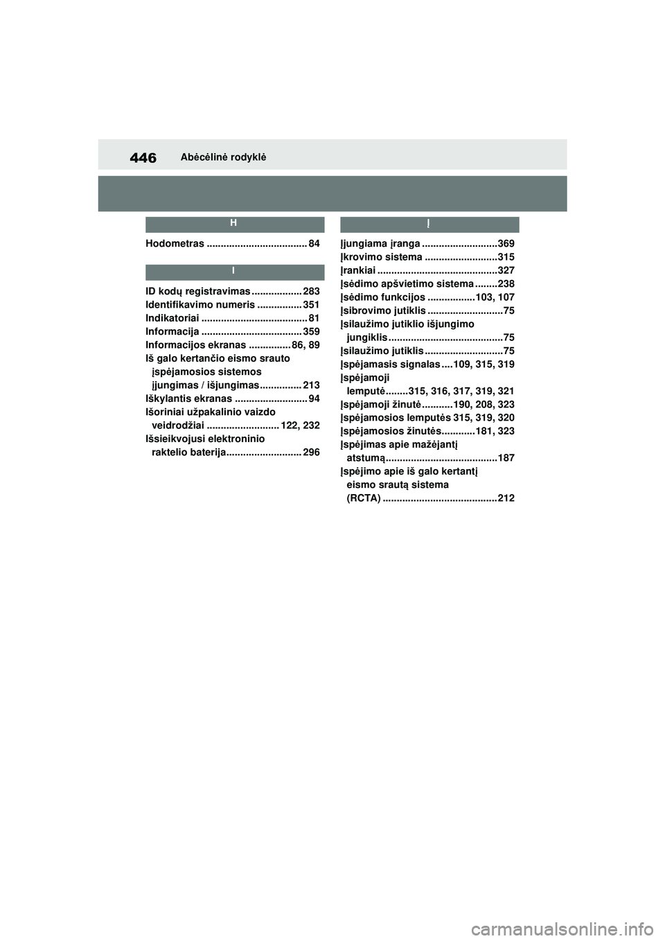 TOYOTA GR YARIS 2020 Eksploatavimo vadovas (in Lithuanian) 446
YARIS(GR) Owners Manual_Europe_M52L09_LT
Abėcė lin ė rodykl ė
H
Hodometras .................................... 84
I
ID kodų registravimas .................. 283
Identifikavimo numeris ..... TOYOTA GR YARIS 2020 Eksploatavimo vadovas (in Lithuanian) 446
YARIS(GR) Owners Manual_Europe_M52L09_LT
Abėcė lin ė rodykl ė
H
Hodometras .................................... 84
I
ID kodų registravimas .................. 283
Identifikavimo numeris .....