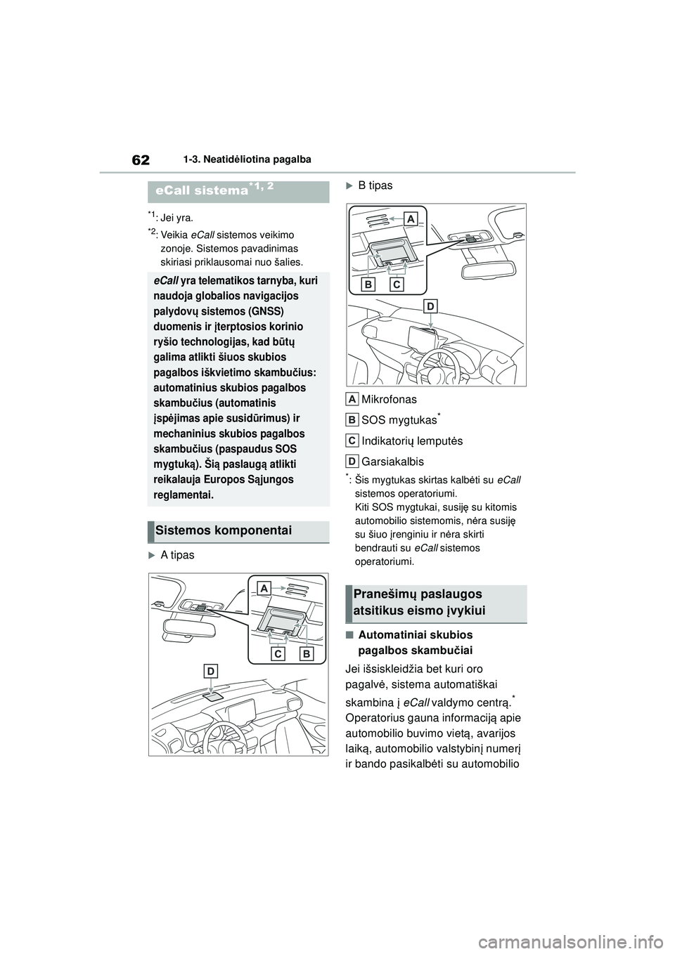 TOYOTA GR YARIS 2020 Eksploatavimo vadovas (in Lithuanian) 62
YARIS(GR) Owners Manual_Europe_M52L09_LT
1-3. Neatidėliotina pagalba
1-3.Neatid ėl iotina pa ga lba
*1:Jei yra.
*2: Veikia eCall sistemos veikimo
zonoje. Sistemos pavadinimas
skiriasi prikla TOYOTA GR YARIS 2020 Eksploatavimo vadovas (in Lithuanian) 62
YARIS(GR) Owners Manual_Europe_M52L09_LT
1-3. Neatidėliotina pagalba
1-3.Neatid ėl iotina pa ga lba
*1:Jei yra.
*2: Veikia eCall sistemos veikimo
zonoje. Sistemos pavadinimas
skiriasi prikla