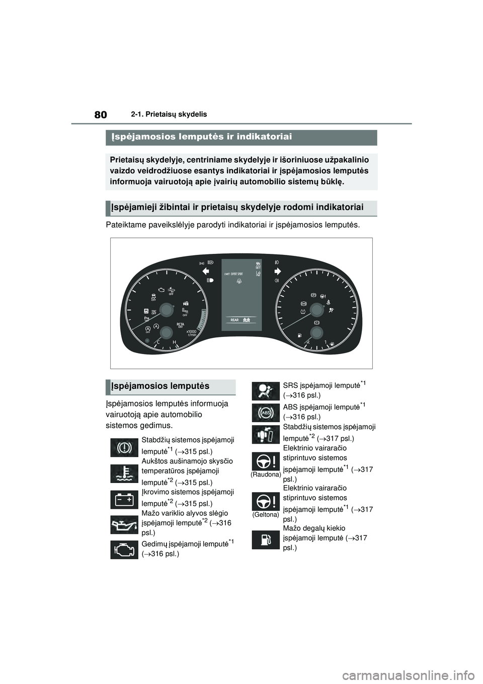 TOYOTA GR YARIS 2020 Eksploatavimo vadovas (in Lithuanian) 80
YARIS(GR) Owners Manual_Europe_M52L09_LT
2-1. Prietaisų skydelis
2-1.Prietais ų skydelis
Pateiktame paveiksl ėlyje parodyti indikatoriai ir įsp ėjamosios lemput ės.
Į sp ėjamosios lemput TOYOTA GR YARIS 2020 Eksploatavimo vadovas (in Lithuanian) 80
YARIS(GR) Owners Manual_Europe_M52L09_LT
2-1. Prietaisų skydelis
2-1.Prietais ų skydelis
Pateiktame paveiksl ėlyje parodyti indikatoriai ir įsp ėjamosios lemput ės.
Į sp ėjamosios lemput