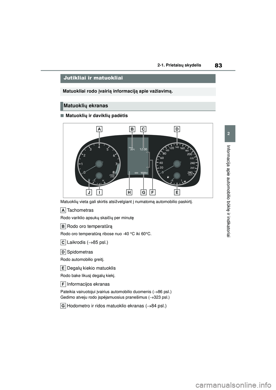 TOYOTA GR YARIS 2020 Eksploatavimo vadovas (in Lithuanian) 83
2
YARIS(GR) Owners Manual_Europe_M52L09_LT
2-1. Prietaisų skydelis
Informacija apie automobilio b ūkl ę ir indikatoriai
■Matuokli ų ir davikli ų pad ėtis
Matuokli ų vieta gali skirtis ats TOYOTA GR YARIS 2020 Eksploatavimo vadovas (in Lithuanian) 83
2
YARIS(GR) Owners Manual_Europe_M52L09_LT
2-1. Prietaisų skydelis
Informacija apie automobilio b ūkl ę ir indikatoriai
■Matuokli ų ir davikli ų pad ėtis
Matuokli ų vieta gali skirtis ats