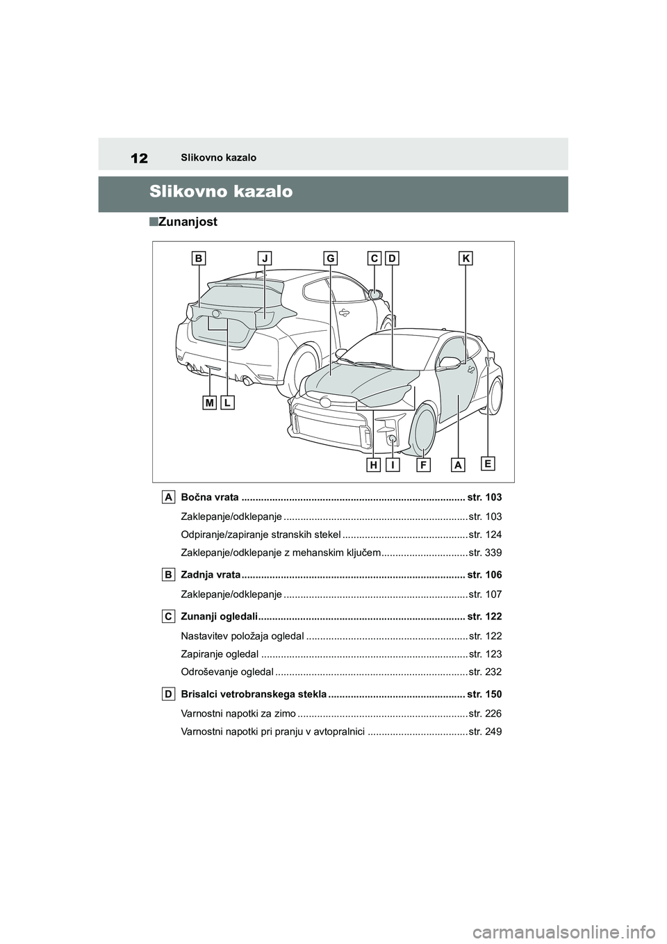 TOYOTA GR YARIS 2020 Navodila Za Uporabo (in Slovenian) 12
YARIS(GR) Owners Manual_Europe_M52L09_en
Slikovno kazalo
Slikovno kazalo
nZunanjost
Bočna vrata ................................................................................ str. 103
Zaklepanj TOYOTA GR YARIS 2020 Navodila Za Uporabo (in Slovenian) 12
YARIS(GR) Owners Manual_Europe_M52L09_en
Slikovno kazalo
Slikovno kazalo
nZunanjost
Bočna vrata ................................................................................ str. 103
Zaklepanj