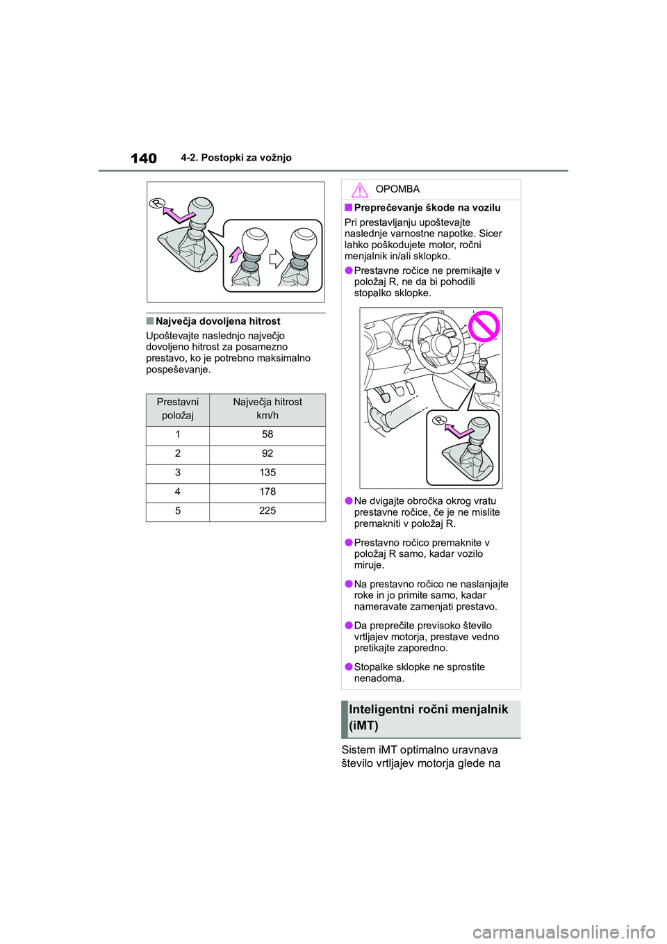 TOYOTA GR YARIS 2020 Navodila Za Uporabo (in Slovenian) 140
YARIS(GR) Owners Manual_Europe_M52L09_en
4-2. Postopki za vožnjo
nNajvečja dovoljena hitrost
Upoštevajte naslednjo največjo
dovoljeno hitrost za posamezno
prestavo, ko je potrebno maksimaln TOYOTA GR YARIS 2020 Navodila Za Uporabo (in Slovenian) 140
YARIS(GR) Owners Manual_Europe_M52L09_en
4-2. Postopki za vožnjo
nNajvečja dovoljena hitrost
Upoštevajte naslednjo največjo
dovoljeno hitrost za posamezno
prestavo, ko je potrebno maksimaln