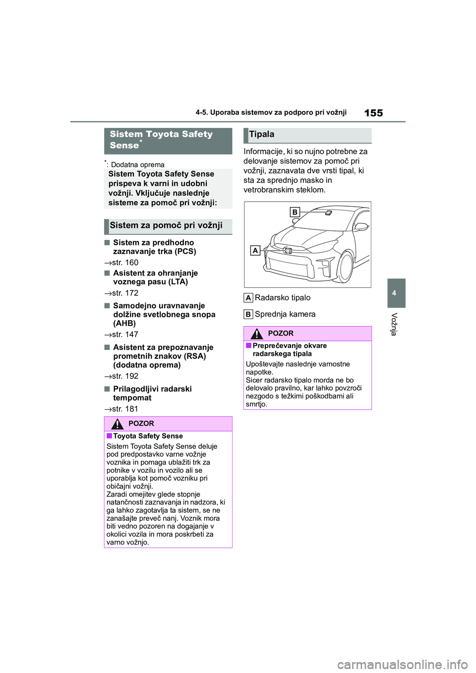 TOYOTA GR YARIS 2020 Navodila Za Uporabo (in Slovenian) 155
4
YARIS(GR) Owners Manual_Europe_M52L09_en
4-5. Uporaba sistemov za podporo pri vožnji
Vožnja
4-5.Uporaba sistemov za podporo pri vožnji
*: Dodatna oprema
nSistem za predhodno
zaznavanje trka TOYOTA GR YARIS 2020 Navodila Za Uporabo (in Slovenian) 155
4
YARIS(GR) Owners Manual_Europe_M52L09_en
4-5. Uporaba sistemov za podporo pri vožnji
Vožnja
4-5.Uporaba sistemov za podporo pri vožnji
*: Dodatna oprema
nSistem za predhodno
zaznavanje trka