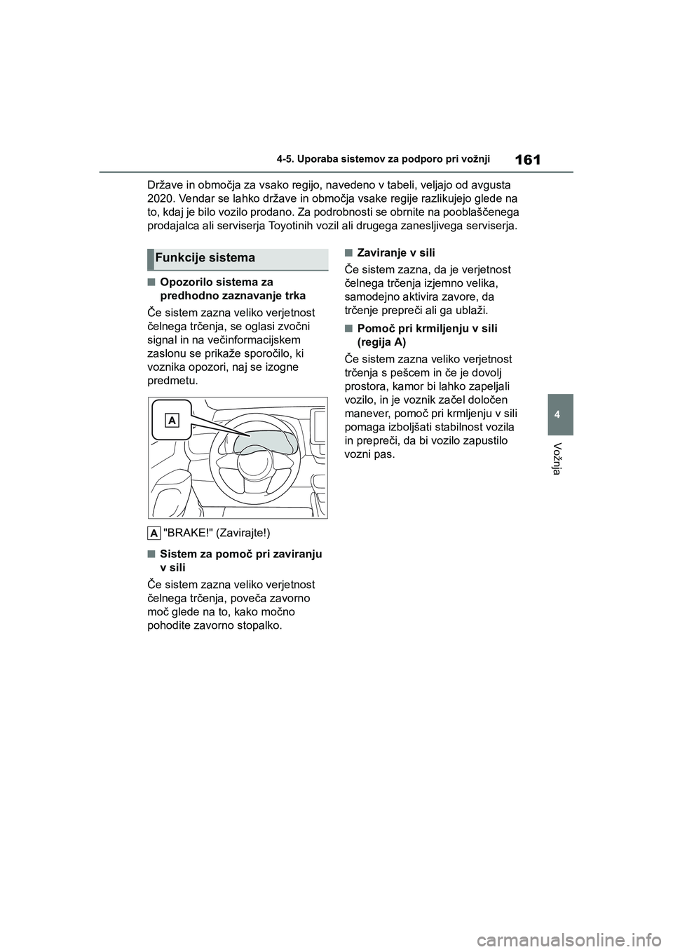 TOYOTA GR YARIS 2020  Navodila Za Uporabo (in Slovenian) 161
4
YARIS(GR) Owners Manual_Europe_M52L09_en
4-5. Uporaba sistemov za podporo pri vožnji
Vožnja
Države in območja za vsako regijo, navedeno v tabeli, veljajo od avgusta 
2020. Vendar se lahko d