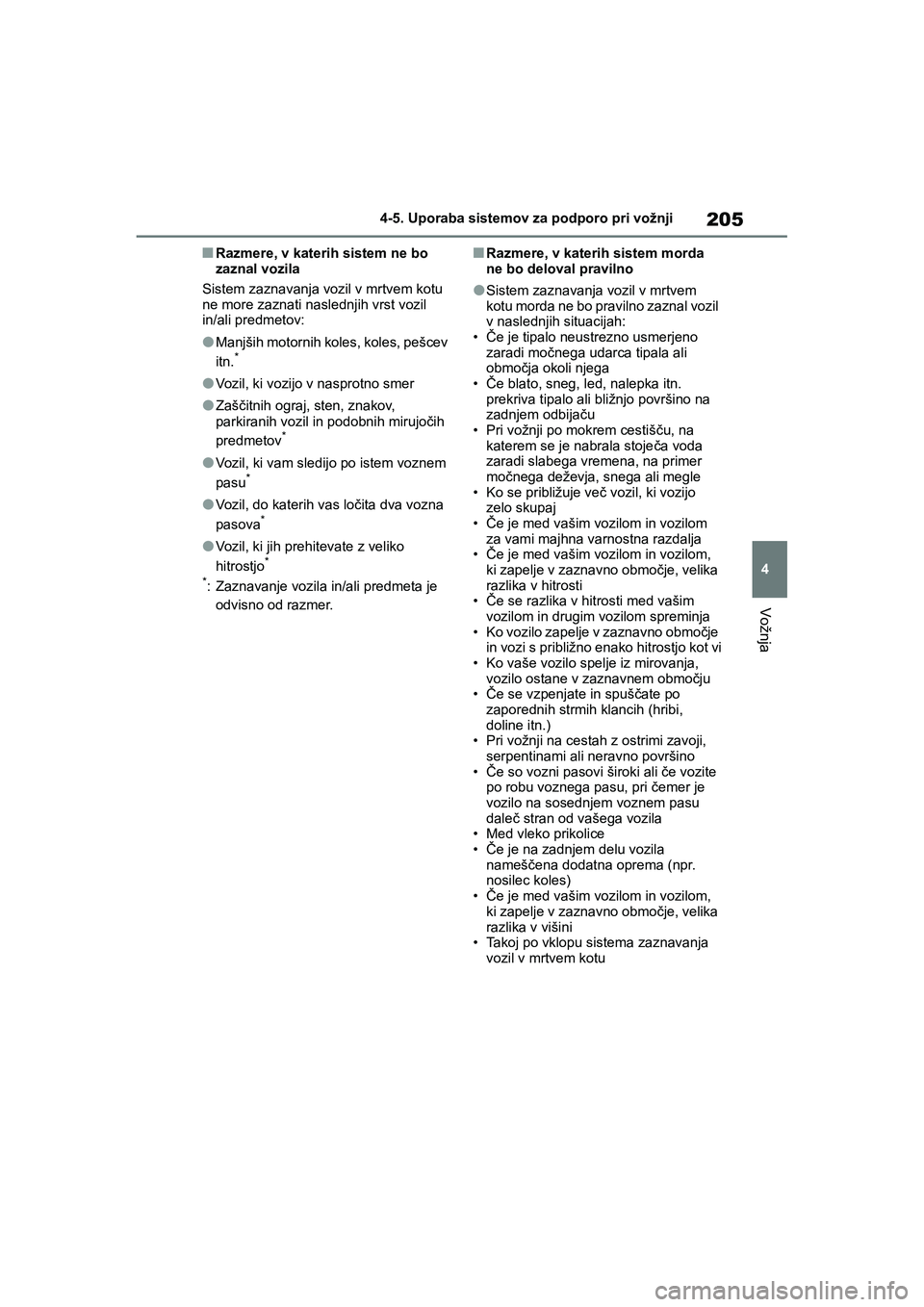 TOYOTA GR YARIS 2020 Navodila Za Uporabo (in Slovenian) 205
4
YARIS(GR) Owners Manual_Europe_M52L09_en
4-5. Uporaba sistemov za podporo pri vožnji
Vožnja
nRazmere, v katerih sistem ne bo
zaznal vozila
Sistem zaznavanja vozil v mrtvem kotu
ne more zazn TOYOTA GR YARIS 2020 Navodila Za Uporabo (in Slovenian) 205
4
YARIS(GR) Owners Manual_Europe_M52L09_en
4-5. Uporaba sistemov za podporo pri vožnji
Vožnja
nRazmere, v katerih sistem ne bo
zaznal vozila
Sistem zaznavanja vozil v mrtvem kotu
ne more zazn