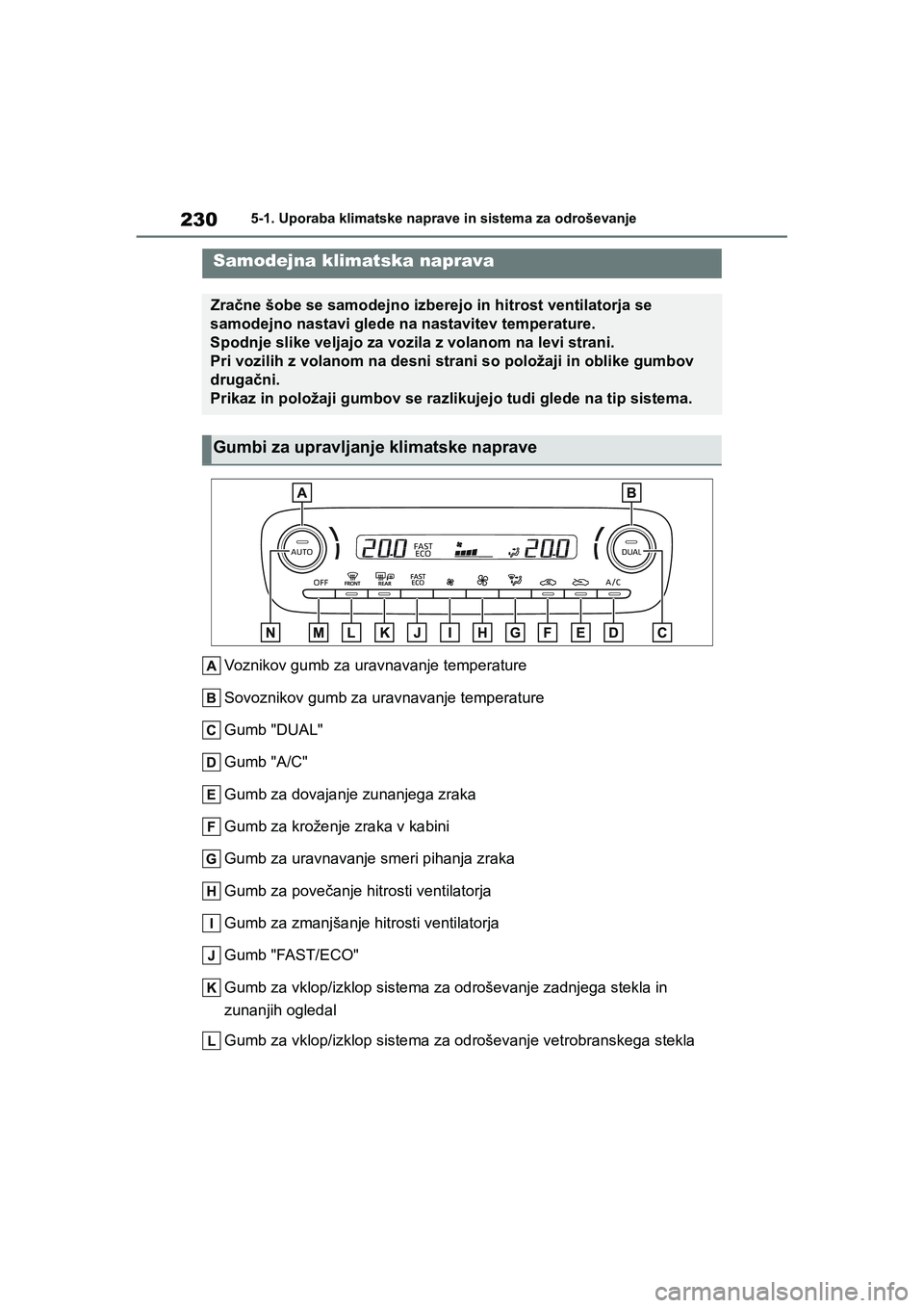 TOYOTA GR YARIS 2020 Navodila Za Uporabo (in Slovenian) 230
YARIS(GR) Owners Manual_Europe_M52L09_en
5-1. Uporaba klimatske naprave in sistema za odroševanje
5-1.Uporaba klimatske naprave in sistema za odroševanje
Voznikov gumb za uravnavanje temperatur TOYOTA GR YARIS 2020 Navodila Za Uporabo (in Slovenian) 230
YARIS(GR) Owners Manual_Europe_M52L09_en
5-1. Uporaba klimatske naprave in sistema za odroševanje
5-1.Uporaba klimatske naprave in sistema za odroševanje
Voznikov gumb za uravnavanje temperatur