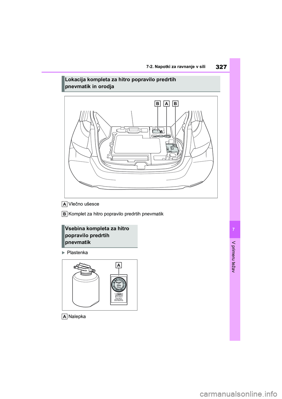 TOYOTA GR YARIS 2020 Navodila Za Uporabo (in Slovenian) 327
7
YARIS(GR) Owners Manual_Europe_M52L09_en
7-2. Napotki za ravnanje v sili
V primeru težav
Vlečno ušesce
Komplet za hitro popravilo predrtih pnevmatik
Plastenka
Nalepka
Lokacija kompleta za TOYOTA GR YARIS 2020 Navodila Za Uporabo (in Slovenian) 327
7
YARIS(GR) Owners Manual_Europe_M52L09_en
7-2. Napotki za ravnanje v sili
V primeru težav
Vlečno ušesce
Komplet za hitro popravilo predrtih pnevmatik
Plastenka
Nalepka
Lokacija kompleta za