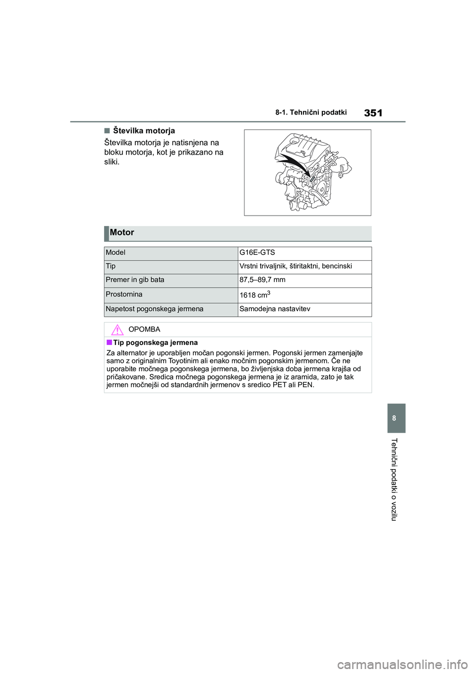 TOYOTA GR YARIS 2020 Navodila Za Uporabo (in Slovenian) 351
8
YARIS(GR) Owners Manual_Europe_M52L09_en
8-1. Tehnični podatki
Tehnični podatki o vozilu
nŠtevilka motorja
Številka motorja je natisnjena na
bloku motorja, kot je prikazano na
sliki.
Moto TOYOTA GR YARIS 2020 Navodila Za Uporabo (in Slovenian) 351
8
YARIS(GR) Owners Manual_Europe_M52L09_en
8-1. Tehnični podatki
Tehnični podatki o vozilu
nŠtevilka motorja
Številka motorja je natisnjena na
bloku motorja, kot je prikazano na
sliki.
Moto
