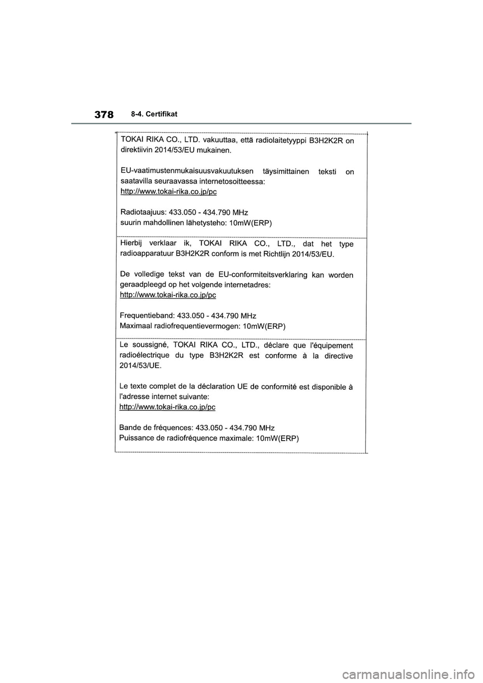 TOYOTA GR YARIS 2020  Navodila Za Uporabo (in Slovenian) 378
YARIS(GR) Owners Manual_Europe_M52L09_en
8-4. Certifikat
GR_Yaris_OM_Europe_OM52L09E.book  Page 378  Thursday, January 21, 2021  7:25 PM 