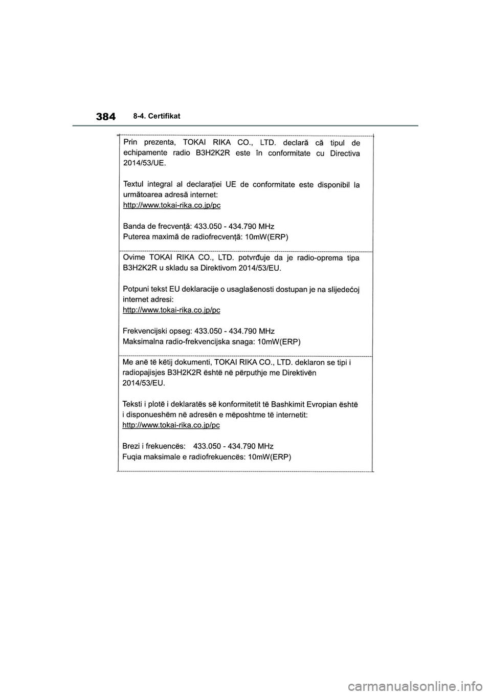 TOYOTA GR YARIS 2020  Navodila Za Uporabo (in Slovenian) 384
YARIS(GR) Owners Manual_Europe_M52L09_en
8-4. Certifikat
GR_Yaris_OM_Europe_OM52L09E.book  Page 384  Thursday, January 21, 2021  7:25 PM 