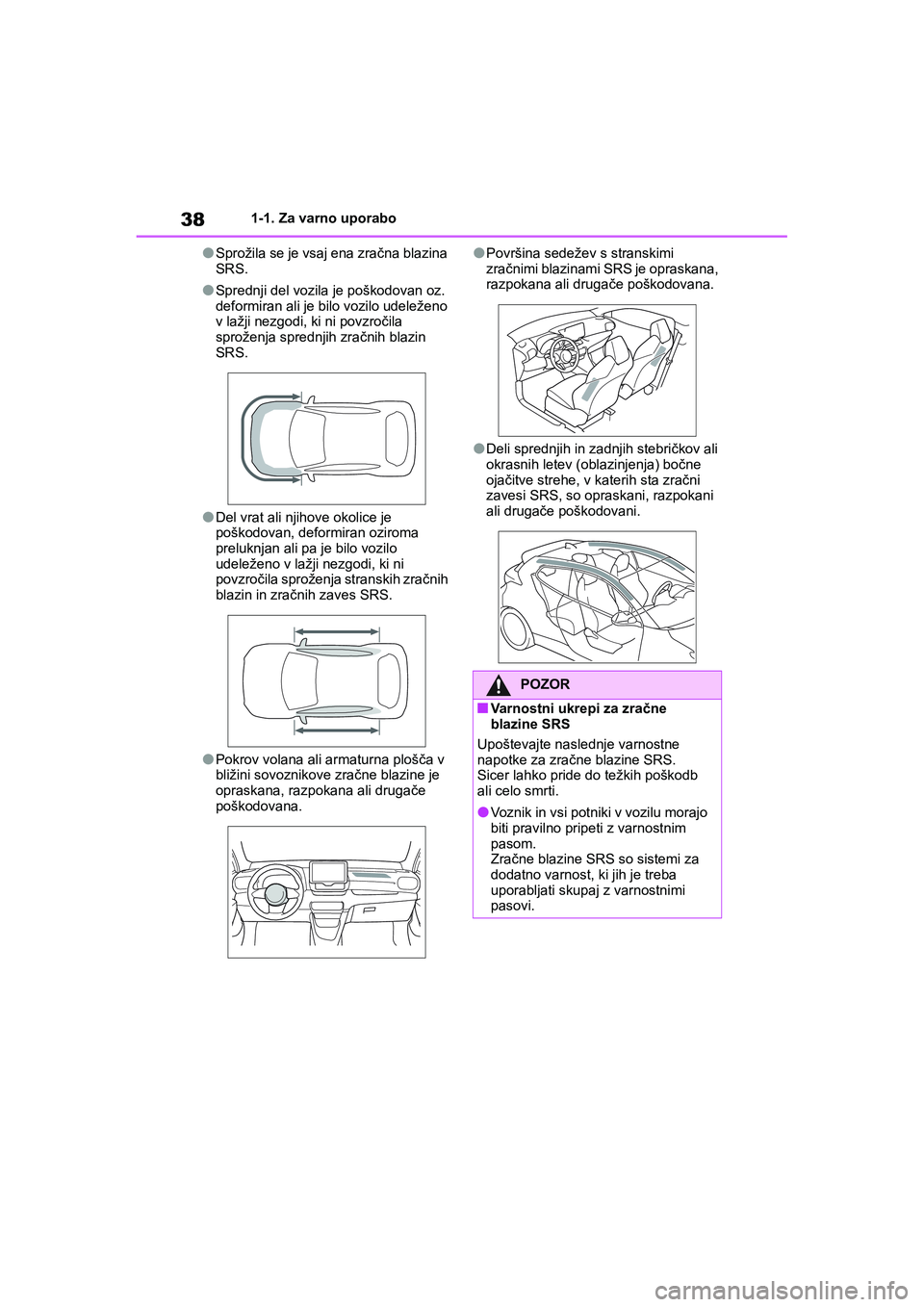 TOYOTA GR YARIS 2020 Navodila Za Uporabo (in Slovenian) 38
YARIS(GR) Owners Manual_Europe_M52L09_en
1-1. Za varno uporabo
lSprožila se je vsaj ena zračna blazina
SRS.
lSprednji del vozila je poškodovan oz.
deformiran ali je bilo vozilo udeleženo
v TOYOTA GR YARIS 2020 Navodila Za Uporabo (in Slovenian) 38
YARIS(GR) Owners Manual_Europe_M52L09_en
1-1. Za varno uporabo
lSprožila se je vsaj ena zračna blazina
SRS.
lSprednji del vozila je poškodovan oz.
deformiran ali je bilo vozilo udeleženo
v