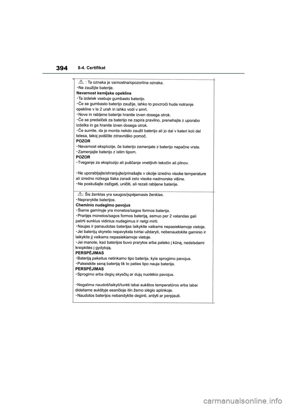 TOYOTA GR YARIS 2020  Navodila Za Uporabo (in Slovenian) 394
YARIS(GR) Owners Manual_Europe_M52L09_en
8-4. Certifikat
GR_Yaris_OM_Europe_OM52L09E.book  Page 394  Thursday, January 21, 2021  7:25 PM 