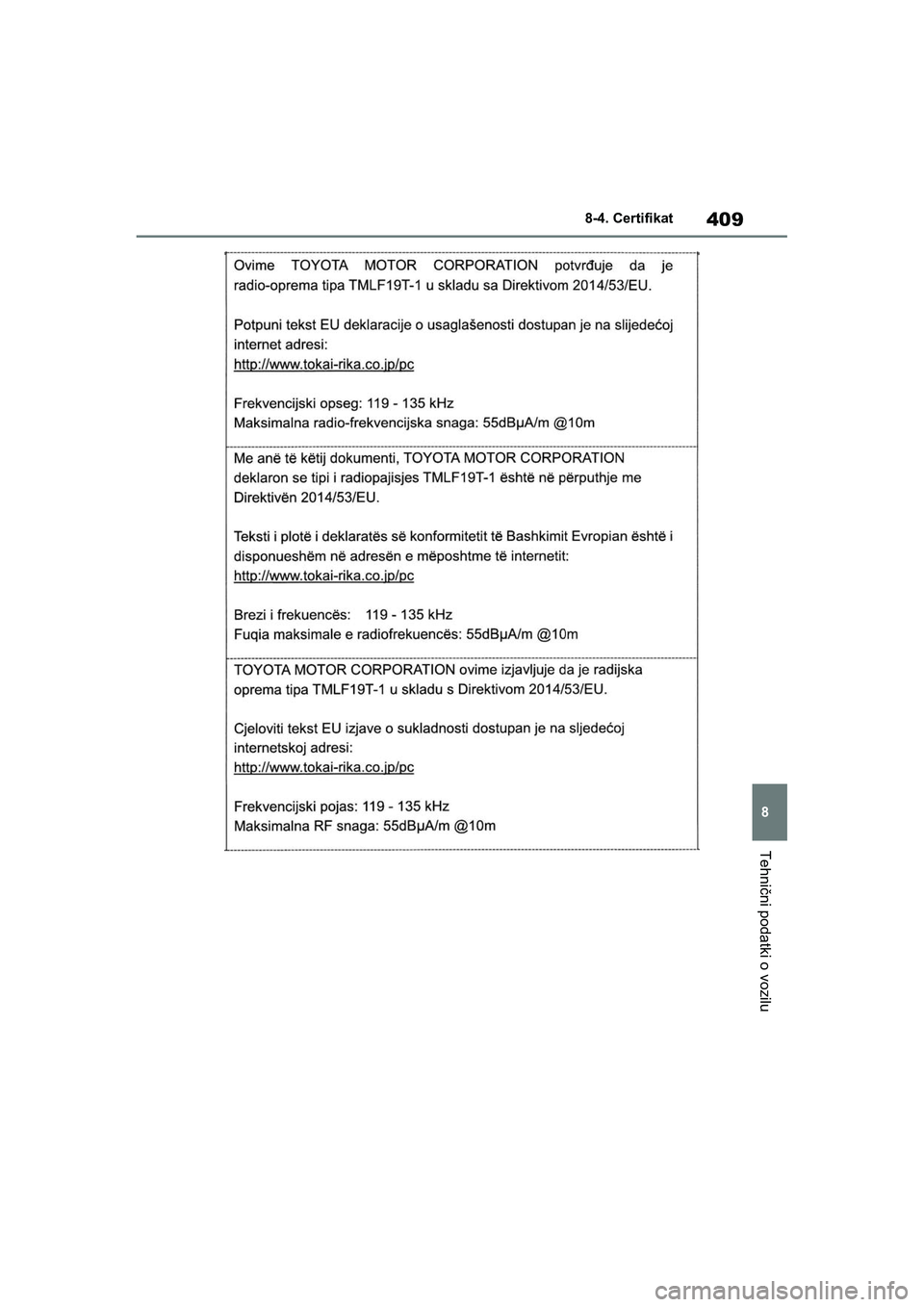 TOYOTA GR YARIS 2020  Navodila Za Uporabo (in Slovenian) 409
8
YARIS(GR) Owners Manual_Europe_M52L09_en
8-4. Certifikat
Tehnični podatki o vozilu
GR_Yaris_OM_Europe_OM52L09E.book  Page 409  Thursday, January 21, 2021  7:25 PM 