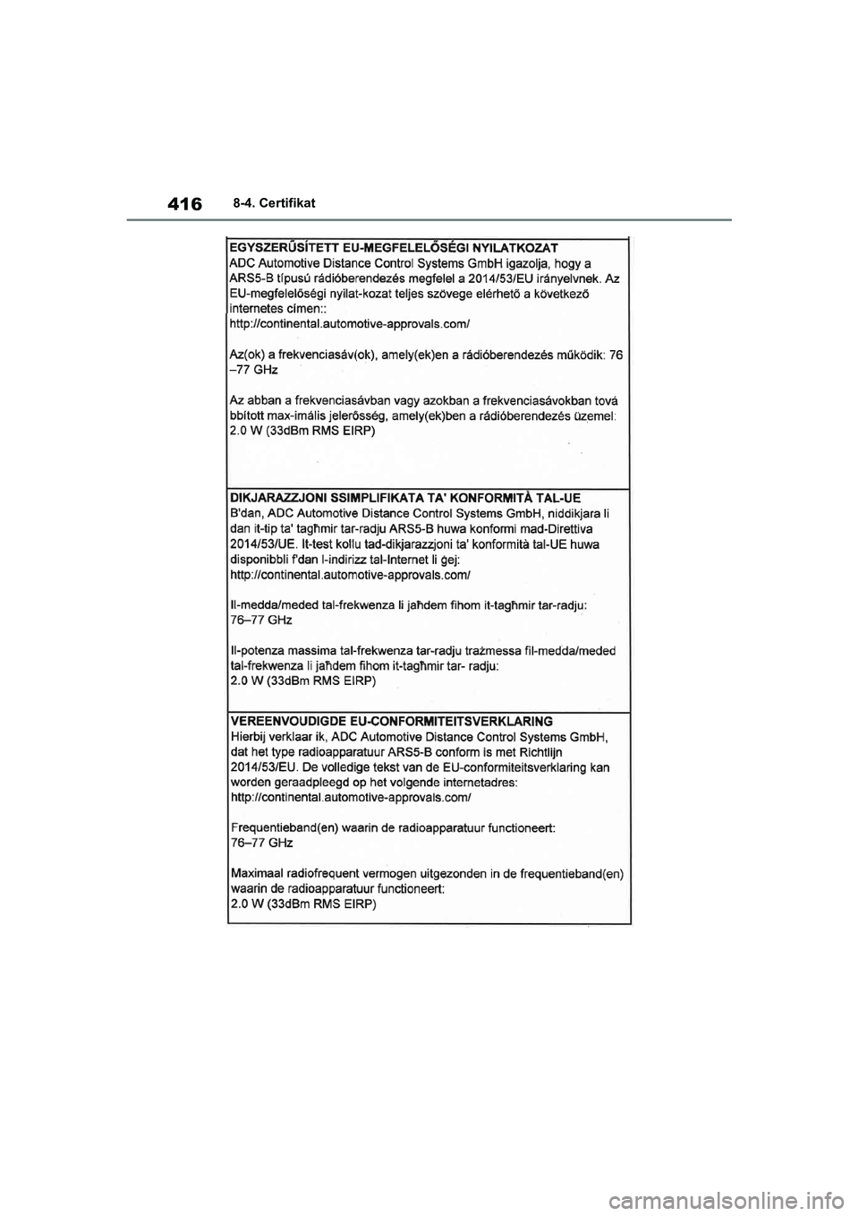 TOYOTA GR YARIS 2020  Navodila Za Uporabo (in Slovenian) 416
YARIS(GR) Owners Manual_Europe_M52L09_en
8-4. Certifikat
GR_Yaris_OM_Europe_OM52L09E.book  Page 416  Thursday, January 21, 2021  7:25 PM 