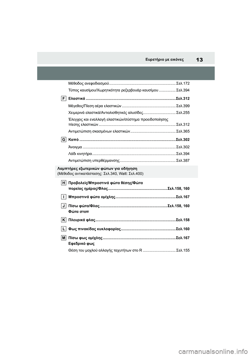 TOYOTA GR YARIS 2020  ΟΔΗΓΌΣ ΧΡΉΣΗΣ (in Greek) 13
YARIS(GR) Owners Manual_Europe_M52L09_en
Ευρετήριο με εικόνες
Μέθοδος ανεφοδιασμού...............................................................Σελ.172
Τ
