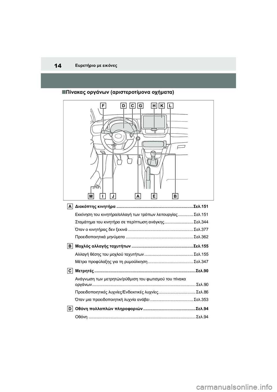 TOYOTA GR YARIS 2020  ΟΔΗΓΌΣ ΧΡΉΣΗΣ (in Greek) 14
YARIS(GR) Owners Manual_Europe_M52L09_en
Ευρετήριο με εικόνες
�QΠίνακας οργάνων (αριστεροτίμονα οχήματα)
Διακόπτης κινητήρα...