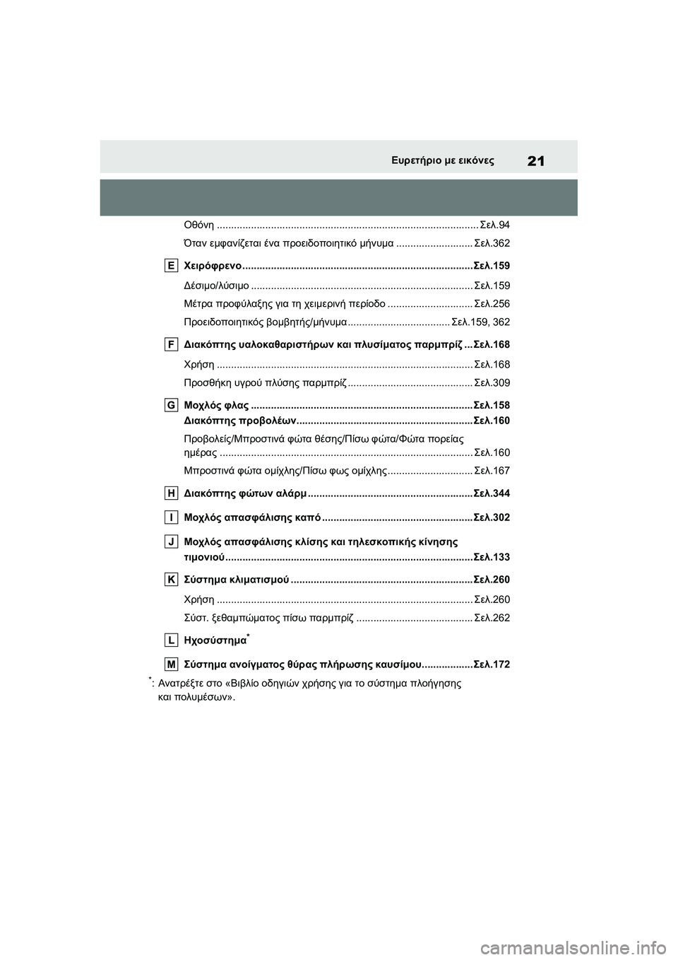 TOYOTA GR YARIS 2020  ΟΔΗΓΌΣ ΧΡΉΣΗΣ (in Greek) 21
YARIS(GR) Owners Manual_Europe_M52L09_en
Ευρετήριο με εικόνες
Οθόνη............................................................................................Σελ.94
Ότ