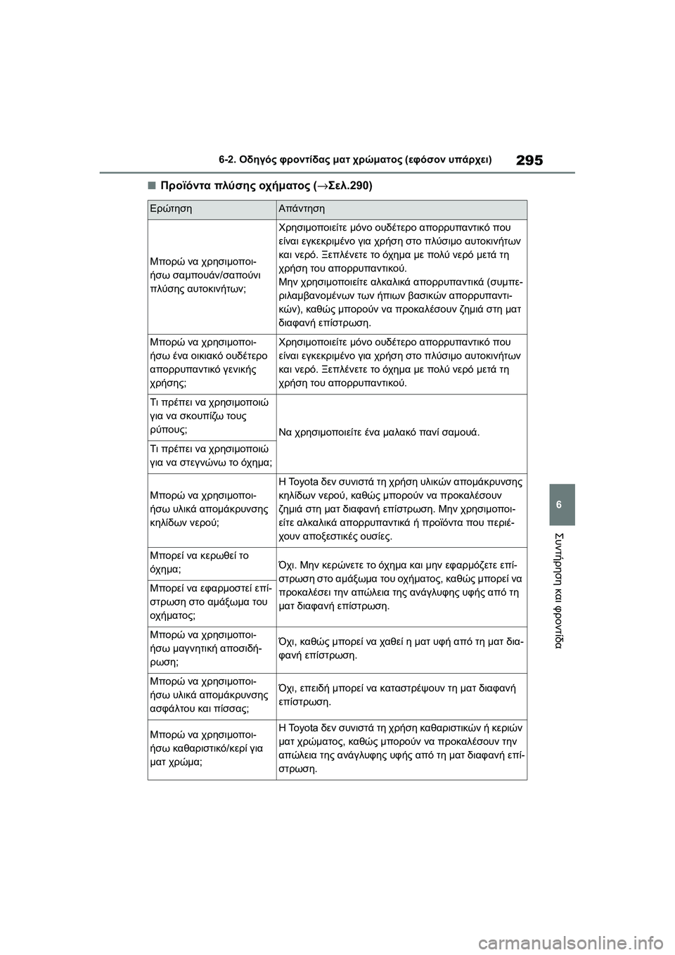 TOYOTA GR YARIS 2020  ΟΔΗΓΌΣ ΧΡΉΣΗΣ (in Greek) 295
6
YARIS(GR) Owners Manual_Europe_M52L09_en
6-2. Οδηγός φροντίδας ματ χρώματος (εφόσον υπάρχει)
Συντήρηση και φροντίδα
�QΠροϊόντα