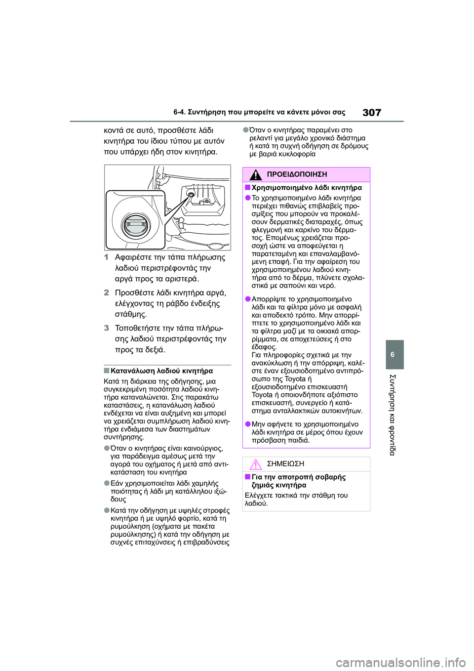TOYOTA GR YARIS 2020  ΟΔΗΓΌΣ ΧΡΉΣΗΣ (in Greek) 307
6
YARIS(GR) Owners Manual_Europe_M52L09_en
6-4. Συντήρηση που μπορείτε να κάνετε μόνοι σας
Συντήρηση και φροντίδα
κοντά σε αυτό,