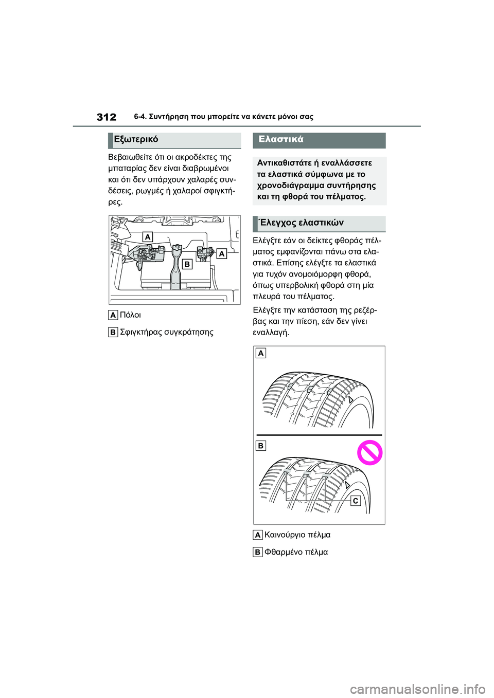 TOYOTA GR YARIS 2020 ΟΔΗΓΌΣ ΧΡΉΣΗΣ (in Greek) 312
YARIS(GR) Owners Manual_Europe_M52L09_en
6-4. Συντήρηση που μπορείτε να κάνετε μόνοι σας
Βεβαιωθείτε ότι οι ακροδέκτες της
μπα TOYOTA GR YARIS 2020 ΟΔΗΓΌΣ ΧΡΉΣΗΣ (in Greek) 312
YARIS(GR) Owners Manual_Europe_M52L09_en
6-4. Συντήρηση που μπορείτε να κάνετε μόνοι σας
Βεβαιωθείτε ότι οι ακροδέκτες της
μπα