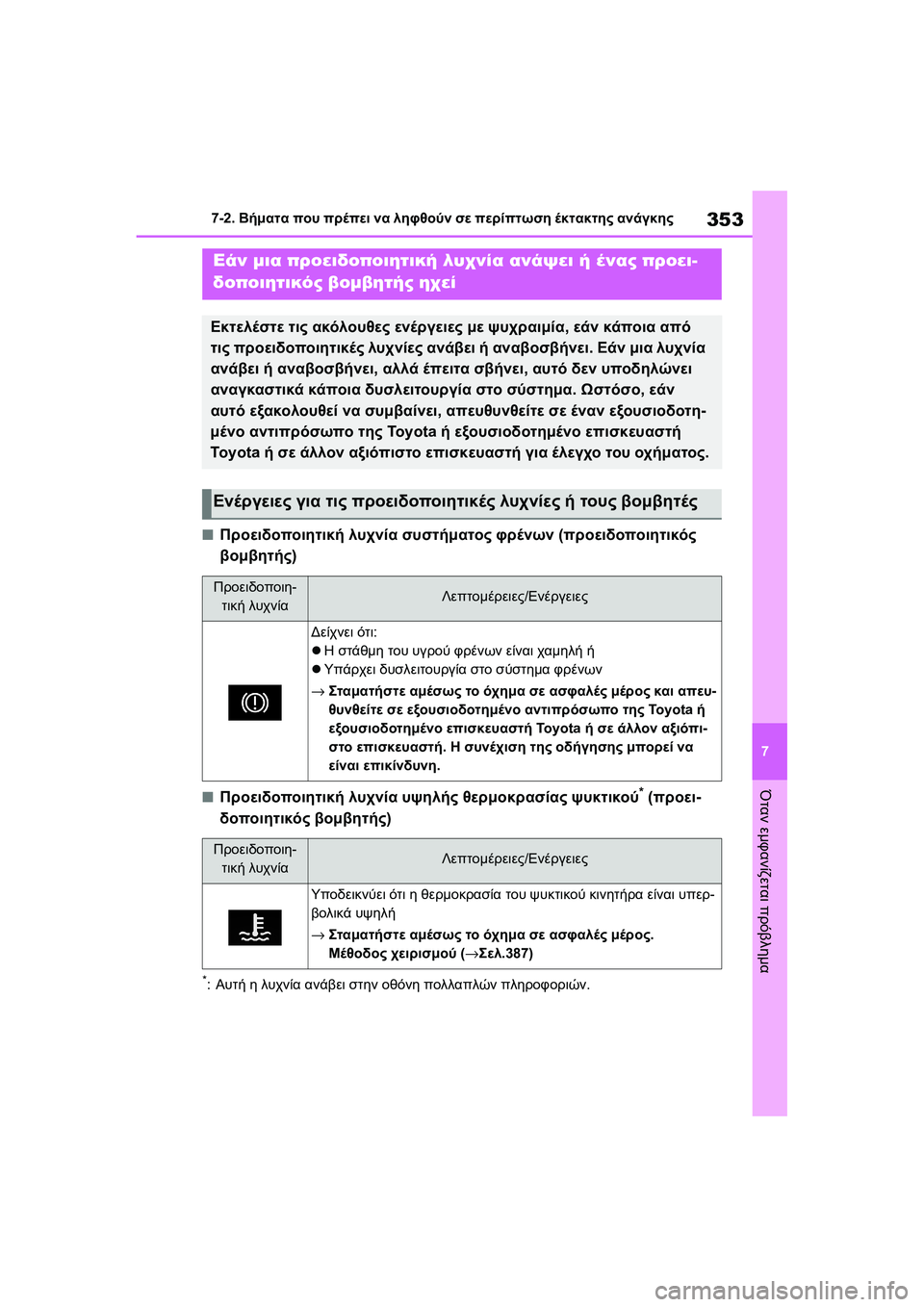 TOYOTA GR YARIS 2020 ΟΔΗΓΌΣ ΧΡΉΣΗΣ (in Greek) 353
7
YARIS(GR) Owners Manual_Europe_M52L09_en
7-2. Βήματα που πρέπει να ληφθούν σε περίπτωση έκτακτης ανάγκης
Όταν εμφανίζεται πρό TOYOTA GR YARIS 2020 ΟΔΗΓΌΣ ΧΡΉΣΗΣ (in Greek) 353
7
YARIS(GR) Owners Manual_Europe_M52L09_en
7-2. Βήματα που πρέπει να ληφθούν σε περίπτωση έκτακτης ανάγκης
Όταν εμφανίζεται πρό