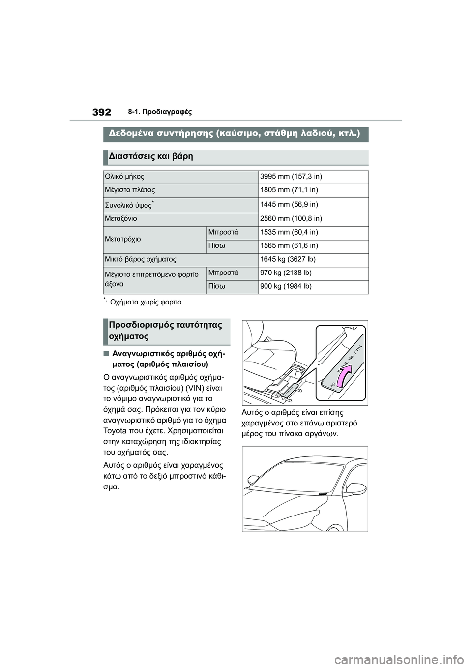 TOYOTA GR YARIS 2020  ΟΔΗΓΌΣ ΧΡΉΣΗΣ (in Greek) 392
YARIS(GR) Owners Manual_Europe_M52L09_en
8-1. Προδιαγραφές
8-1.Προδιαγραφές
*:Οχήματα χωρίς φορτίο
�QΑναγνωριστικός αριθμός οχή-
