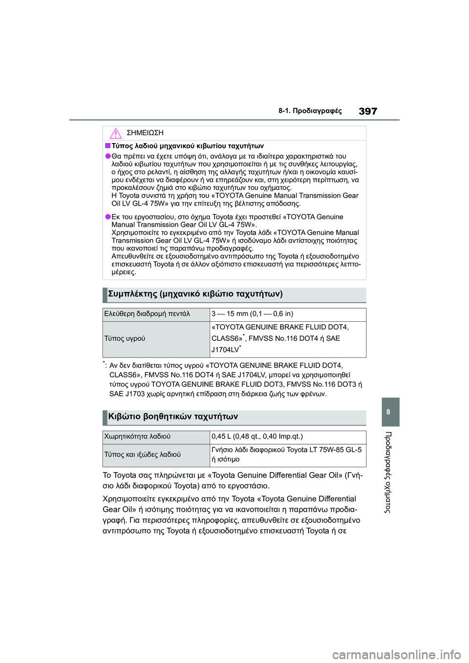 TOYOTA GR YARIS 2020 ΟΔΗΓΌΣ ΧΡΉΣΗΣ (in Greek) 397
8
YARIS(GR) Owners Manual_Europe_M52L09_en
8-1. Προδιαγραφές
Προδιαγραφές οχήματος
*:Αν δεν διατίθεται τύπος υγρού «TOYOTA GENUINE BRAKE TOYOTA GR YARIS 2020 ΟΔΗΓΌΣ ΧΡΉΣΗΣ (in Greek) 397
8
YARIS(GR) Owners Manual_Europe_M52L09_en
8-1. Προδιαγραφές
Προδιαγραφές οχήματος
*:Αν δεν διατίθεται τύπος υγρού «TOYOTA GENUINE BRAKE
