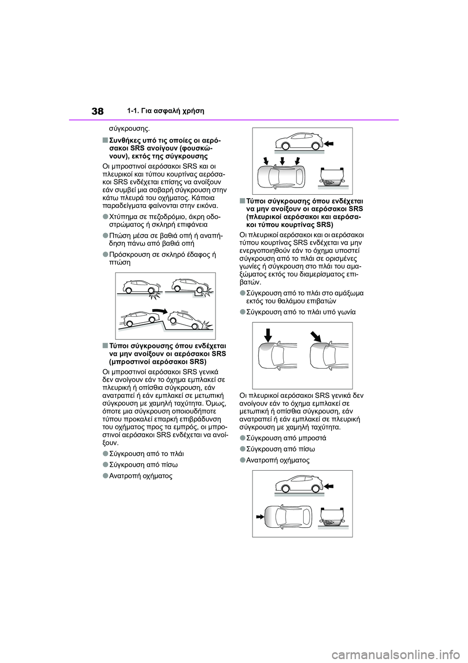 TOYOTA GR YARIS 2020  ΟΔΗΓΌΣ ΧΡΉΣΗΣ (in Greek) 38
YARIS(GR) Owners Manual_Europe_M52L09_en
1-1. Για ασφαλή χρήση
σύγκρουσης.
�QΣυνθήκες υπό τις οποίες οι αερό-
σακοι SRS ανοίγουν (φ