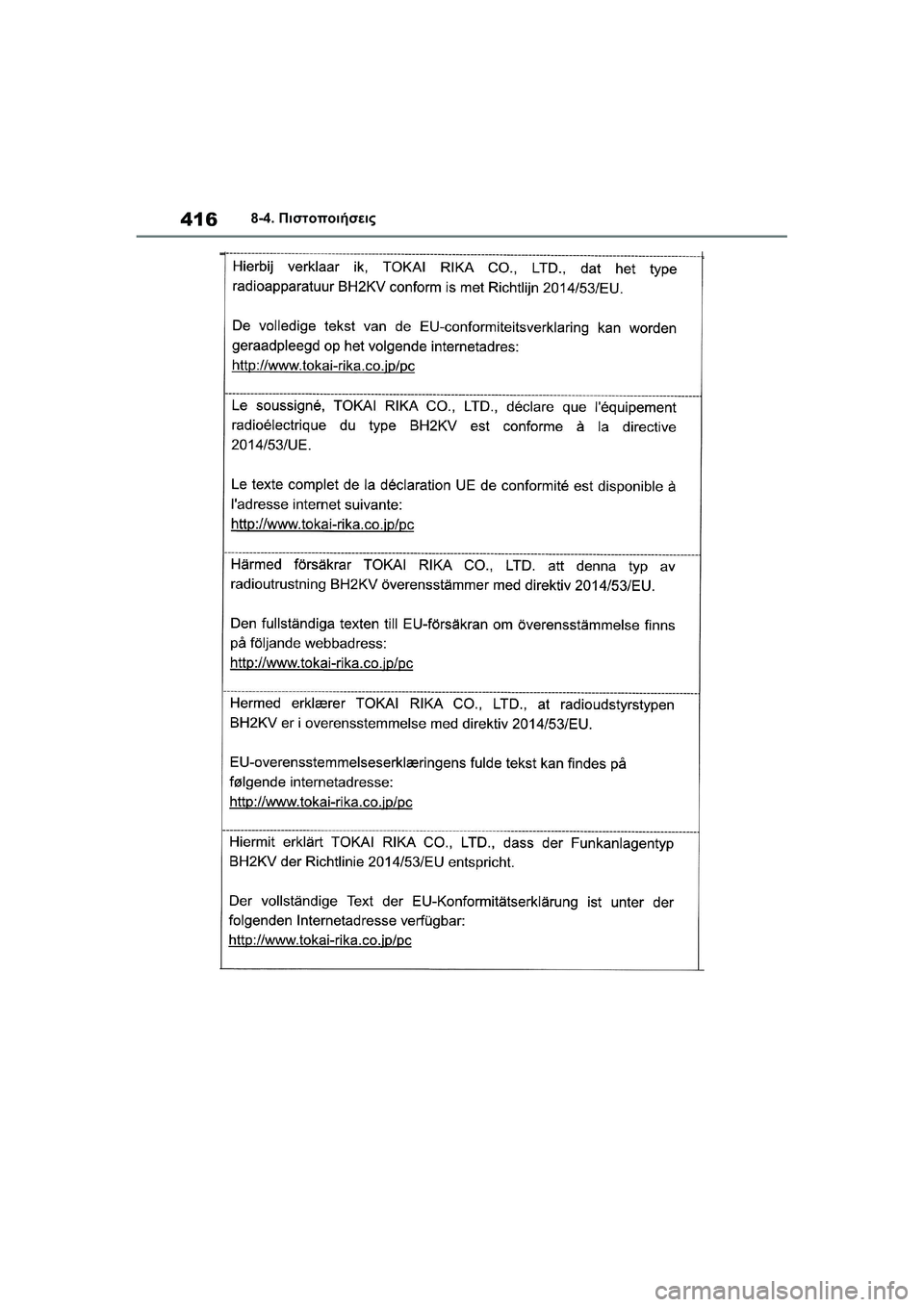 TOYOTA GR YARIS 2020  ΟΔΗΓΌΣ ΧΡΉΣΗΣ (in Greek) 416
YARIS(GR) Owners Manual_Europe_M52L09_en
8-4. Πιστοποιήσεις 
