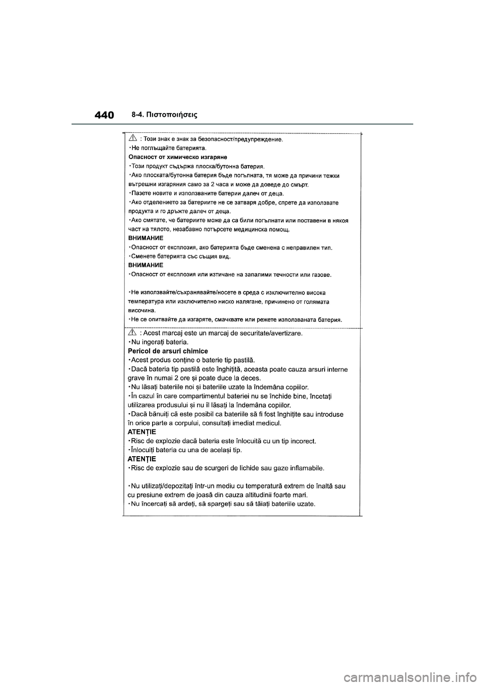 TOYOTA GR YARIS 2020  ΟΔΗΓΌΣ ΧΡΉΣΗΣ (in Greek) 440
YARIS(GR) Owners Manual_Europe_M52L09_en
8-4. Πιστοποιήσεις 
