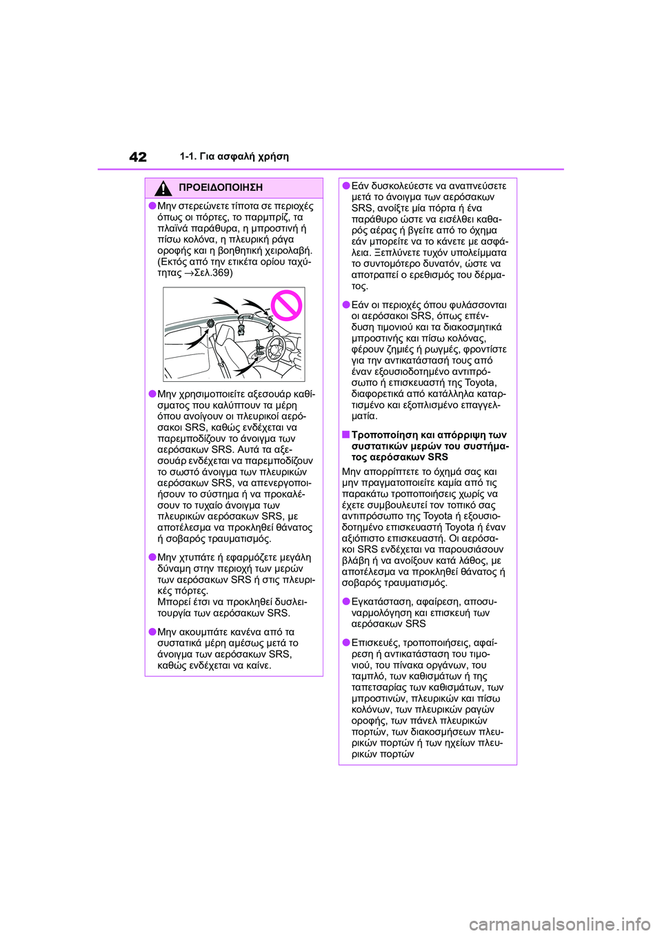 TOYOTA GR YARIS 2020  ΟΔΗΓΌΣ ΧΡΉΣΗΣ (in Greek) 42
YARIS(GR) Owners Manual_Europe_M52L09_en
1-1. Για ασφαλή χρήση
ΠΡΟΕΙΔΟΠΟΙΗΣΗ
�OΜην στερεώνετε τίποτα σε περιοχές 
όπως οι πόρτες