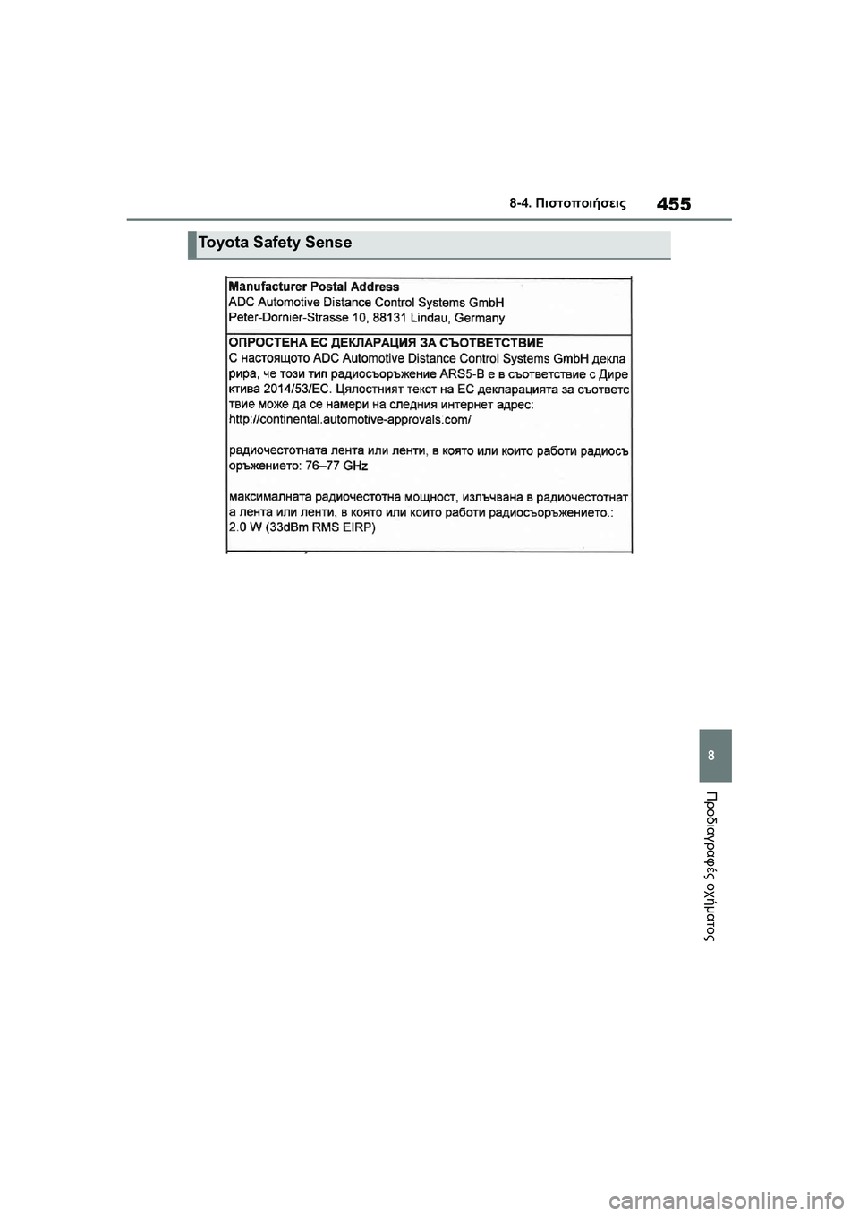 TOYOTA GR YARIS 2020 ΟΔΗΓΌΣ ΧΡΉΣΗΣ (in Greek) 455
8
YARIS(GR) Owners Manual_Europe_M52L09_en
8-4. Πιστοποιήσεις
Προδιαγραφές οχήματος
Toyota Safety Sense TOYOTA GR YARIS 2020 ΟΔΗΓΌΣ ΧΡΉΣΗΣ (in Greek) 455
8
YARIS(GR) Owners Manual_Europe_M52L09_en
8-4. Πιστοποιήσεις
Προδιαγραφές οχήματος
Toyota Safety Sense
