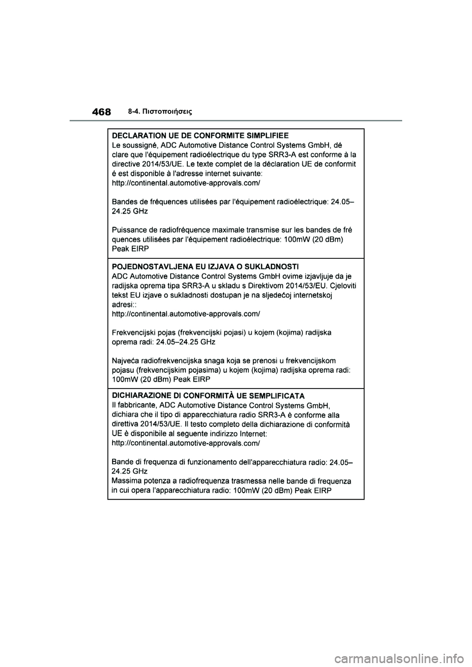 TOYOTA GR YARIS 2020 ΟΔΗΓΌΣ ΧΡΉΣΗΣ (in Greek) 468
YARIS(GR) Owners Manual_Europe_M52L09_en
8-4. Πιστοποιήσεις TOYOTA GR YARIS 2020 ΟΔΗΓΌΣ ΧΡΉΣΗΣ (in Greek) 468
YARIS(GR) Owners Manual_Europe_M52L09_en
8-4. Πιστοποιήσεις