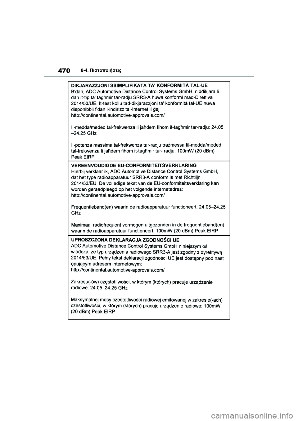 TOYOTA GR YARIS 2020 ΟΔΗΓΌΣ ΧΡΉΣΗΣ (in Greek) 470
YARIS(GR) Owners Manual_Europe_M52L09_en
8-4. Πιστοποιήσεις TOYOTA GR YARIS 2020 ΟΔΗΓΌΣ ΧΡΉΣΗΣ (in Greek) 470
YARIS(GR) Owners Manual_Europe_M52L09_en
8-4. Πιστοποιήσεις