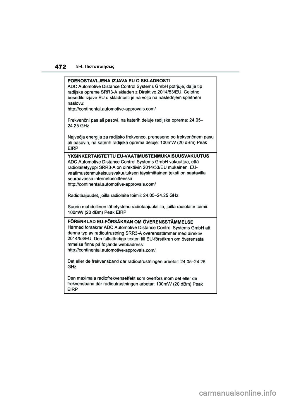 TOYOTA GR YARIS 2020 ΟΔΗΓΌΣ ΧΡΉΣΗΣ (in Greek) 472
YARIS(GR) Owners Manual_Europe_M52L09_en
8-4. Πιστοποιήσεις TOYOTA GR YARIS 2020 ΟΔΗΓΌΣ ΧΡΉΣΗΣ (in Greek) 472
YARIS(GR) Owners Manual_Europe_M52L09_en
8-4. Πιστοποιήσεις