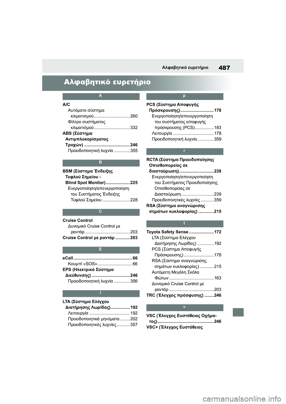 TOYOTA GR YARIS 2020 ΟΔΗΓΌΣ ΧΡΉΣΗΣ (in Greek) 487
YARIS(GR) Owners Manual_Europe_M52L09_en
Αλφαβητικό ευρετήριο
Αλφαβητικό ευρετήριο
A
A/C
Αυτόματο σύστημα
κλιματισμού............. TOYOTA GR YARIS 2020 ΟΔΗΓΌΣ ΧΡΉΣΗΣ (in Greek) 487
YARIS(GR) Owners Manual_Europe_M52L09_en
Αλφαβητικό ευρετήριο
Αλφαβητικό ευρετήριο
A
A/C
Αυτόματο σύστημα
κλιματισμού.............