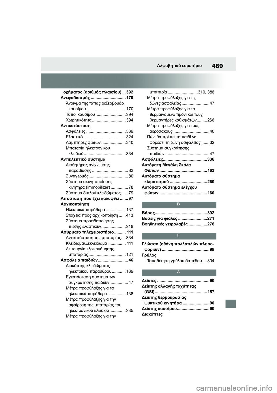TOYOTA GR YARIS 2020 ΟΔΗΓΌΣ ΧΡΉΣΗΣ (in Greek) 489
YARIS(GR) Owners Manual_Europe_M52L09_en
Αλφαβητικό ευρετήριο
οχήματος (αριθμός πλαισίου)...392
Ανεφοδιασμός.............................. 17 TOYOTA GR YARIS 2020 ΟΔΗΓΌΣ ΧΡΉΣΗΣ (in Greek) 489
YARIS(GR) Owners Manual_Europe_M52L09_en
Αλφαβητικό ευρετήριο
οχήματος (αριθμός πλαισίου)...392
Ανεφοδιασμός.............................. 17