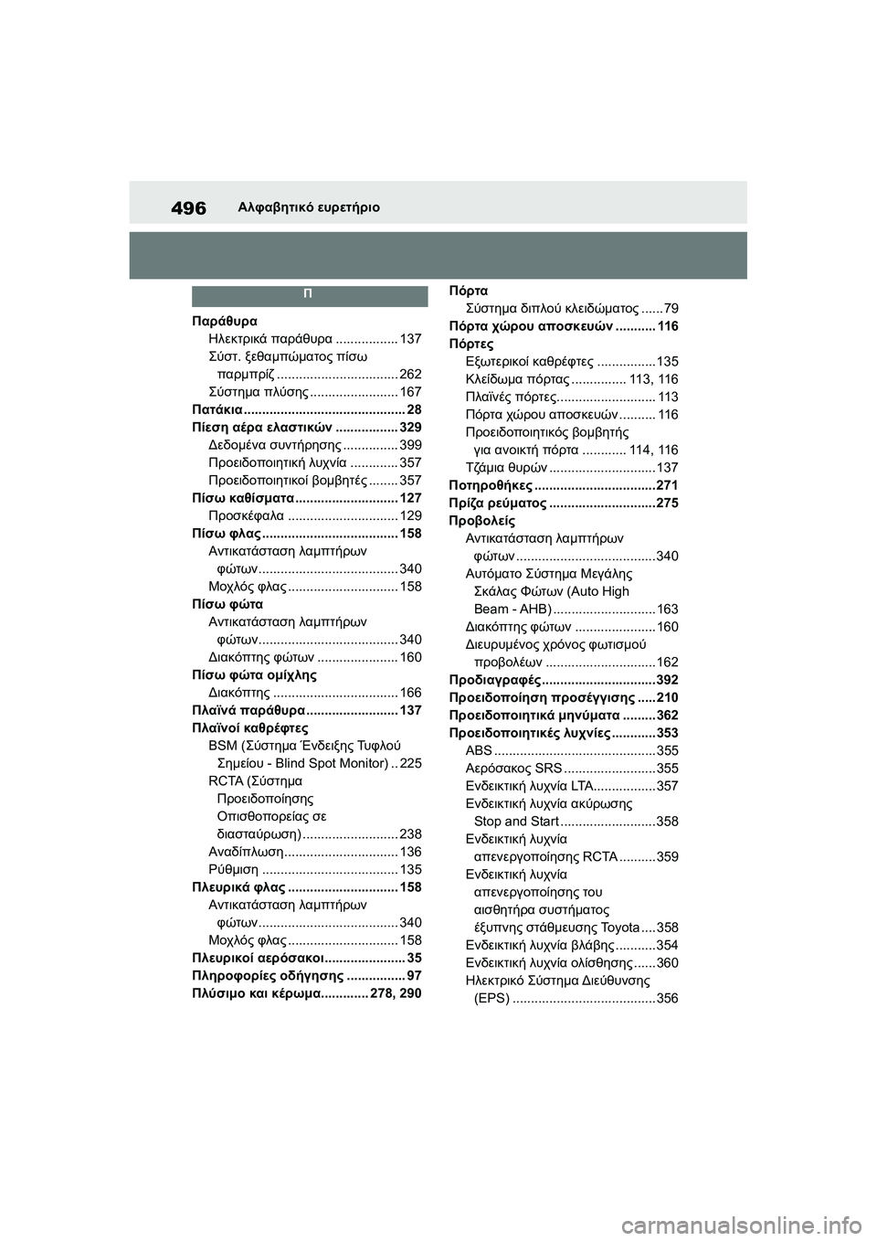 TOYOTA GR YARIS 2020 ΟΔΗΓΌΣ ΧΡΉΣΗΣ (in Greek) 496
YARIS(GR) Owners Manual_Europe_M52L09_en
Αλφαβητικό ευρετήριο
Π
Παράθυρα
Ηλεκτρικά παράθυρα................. 137
Σύστ. ξεθαμπώματος π TOYOTA GR YARIS 2020 ΟΔΗΓΌΣ ΧΡΉΣΗΣ (in Greek) 496
YARIS(GR) Owners Manual_Europe_M52L09_en
Αλφαβητικό ευρετήριο
Π
Παράθυρα
Ηλεκτρικά παράθυρα................. 137
Σύστ. ξεθαμπώματος π